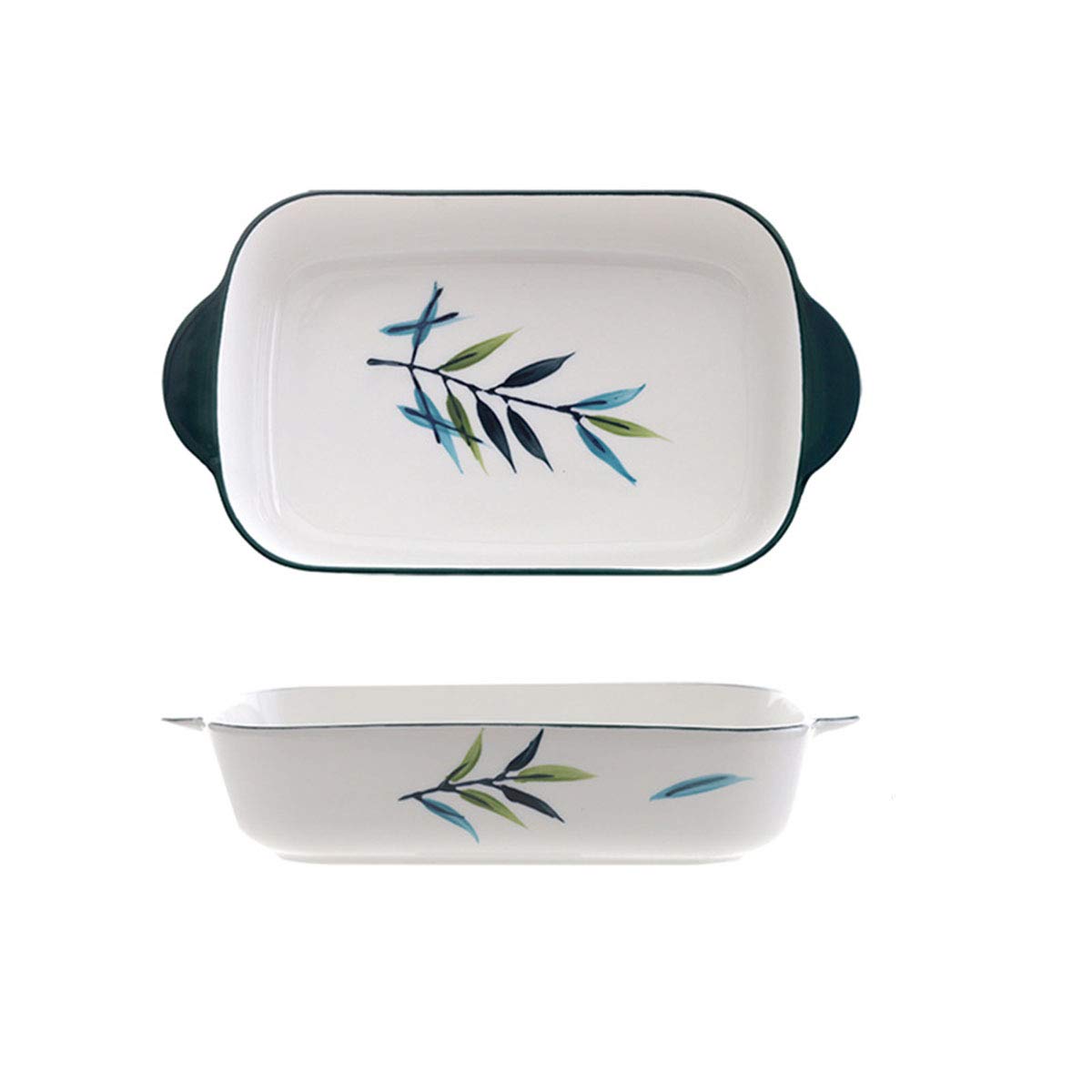 8 x 5 Inch Ceramic Baking Dish Set of 2 - Oven Safe Lasagna Pan, Cheese Bakeware, Rice Bowl with Handles - Perfect for Roasting, Casseroles & Serving Dishes - Leaf Pattern Design