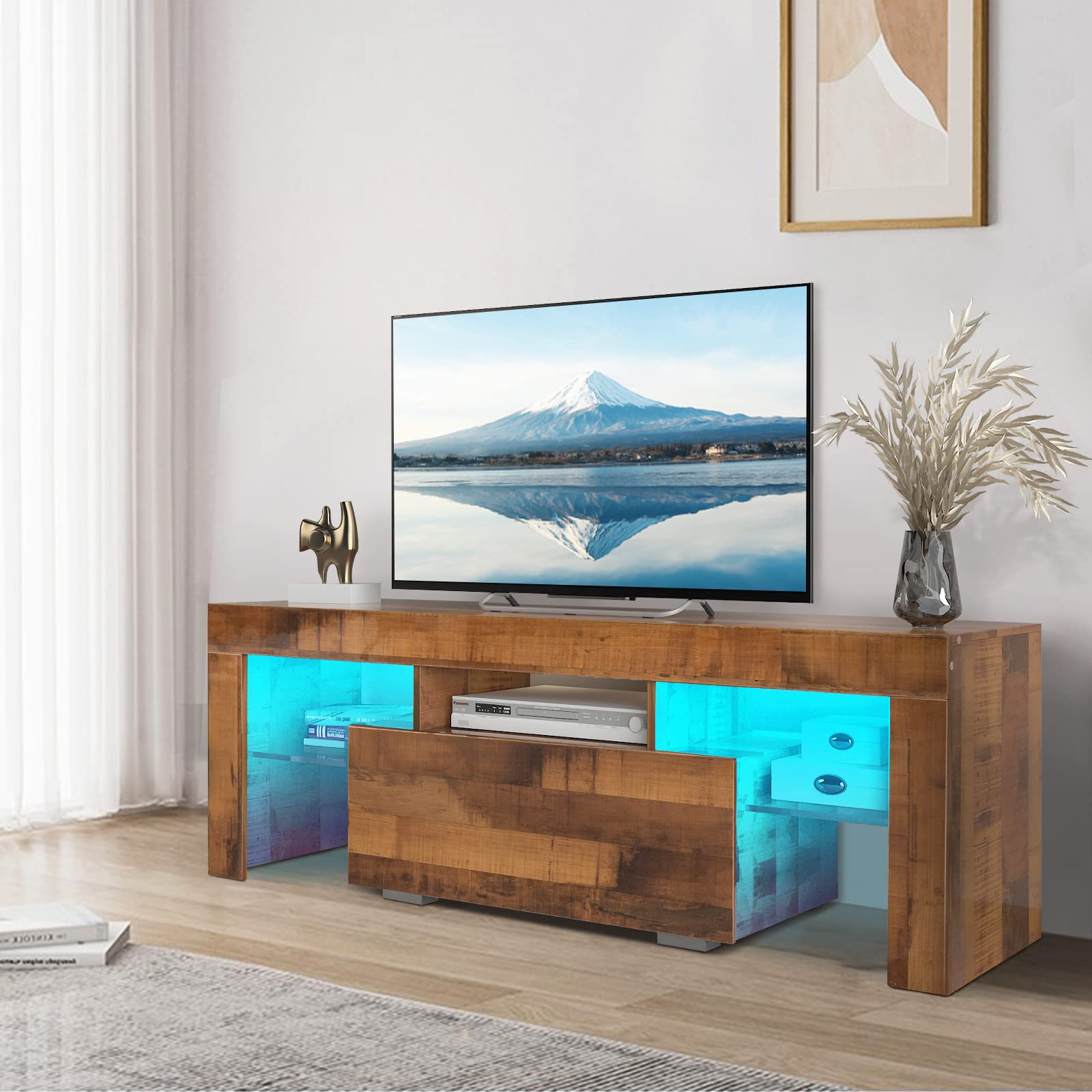 Modern Wood TV Stand for 65 Inch TV with LED Lights & Storage Drawers - Entertainment Center TV Cabinet for Living Room, Bedroom, Office - Perfect for Movie Nights & Home Decor (Brown)