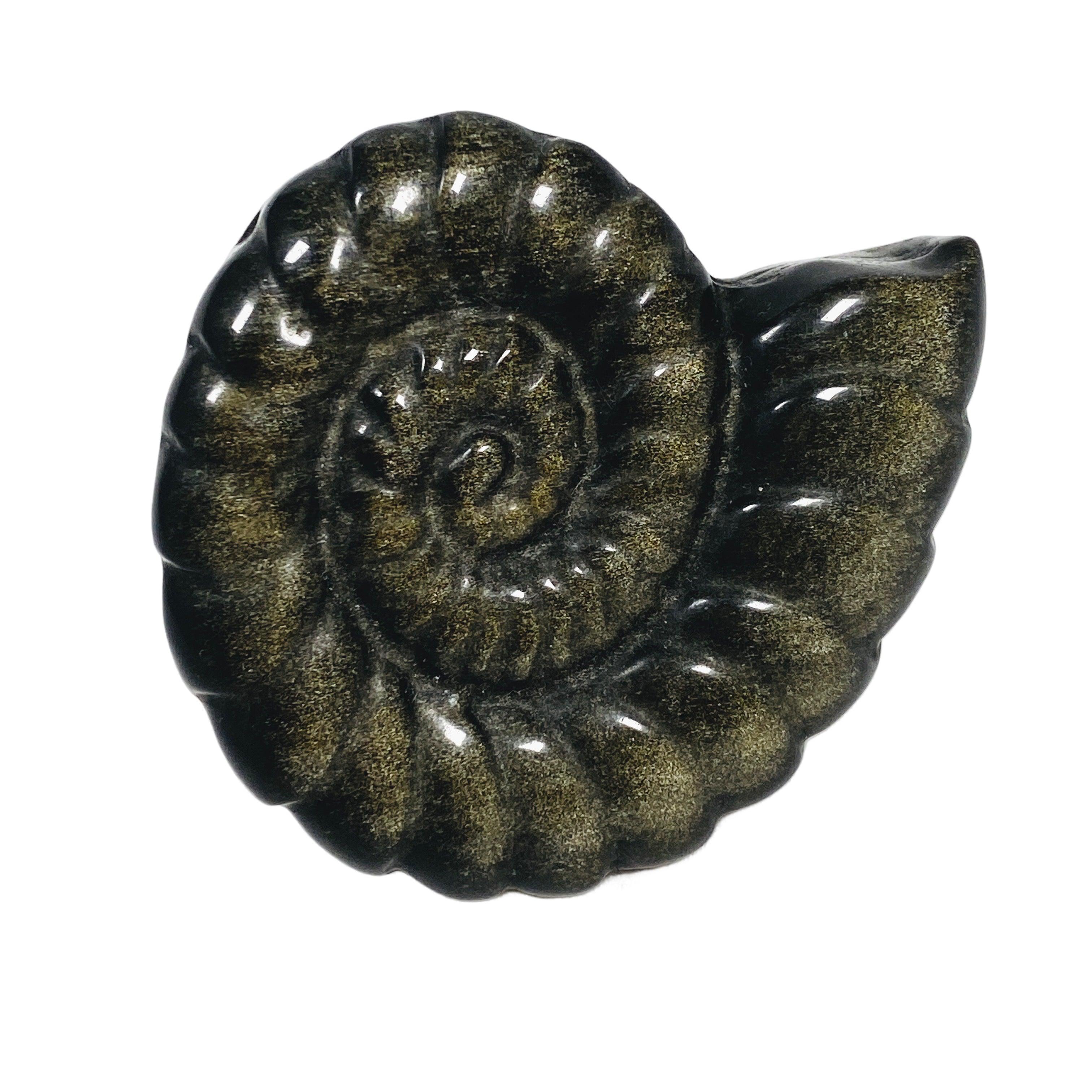 Natural Ammonite Gold Sheen Obsidian Carving AMC01 - Handmade Healing Stone for Meditation, Yoga & Spiritual Decor