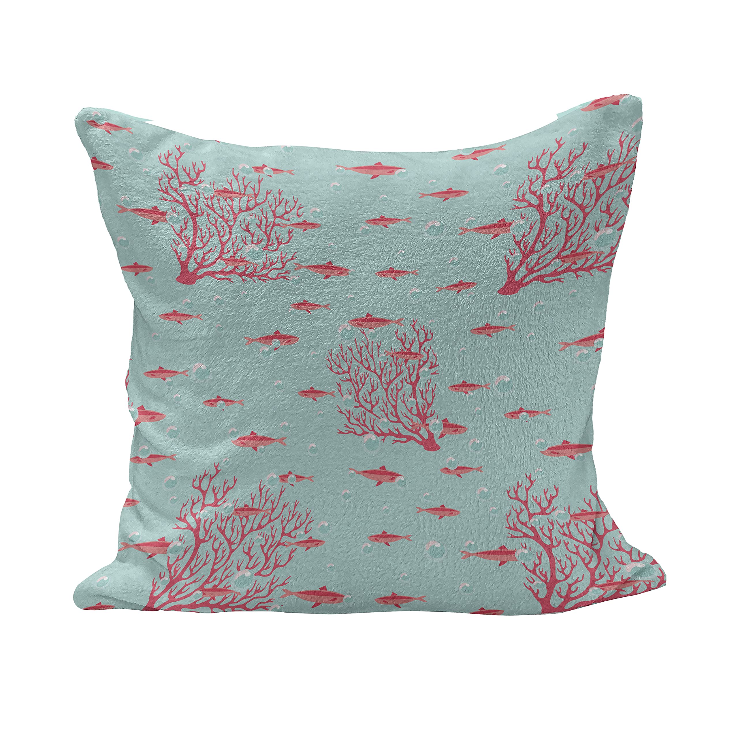 Ambesonne Coral Fluffy Throw Pillow Cover 20x20 Inches - Aquatic Pattern with Fish & Coral Reef Design, Dark Coral & Pale Blue Decorative Square Pillow Case for Sofa, Bed, Nursery - Soft & Stylish Home Decor