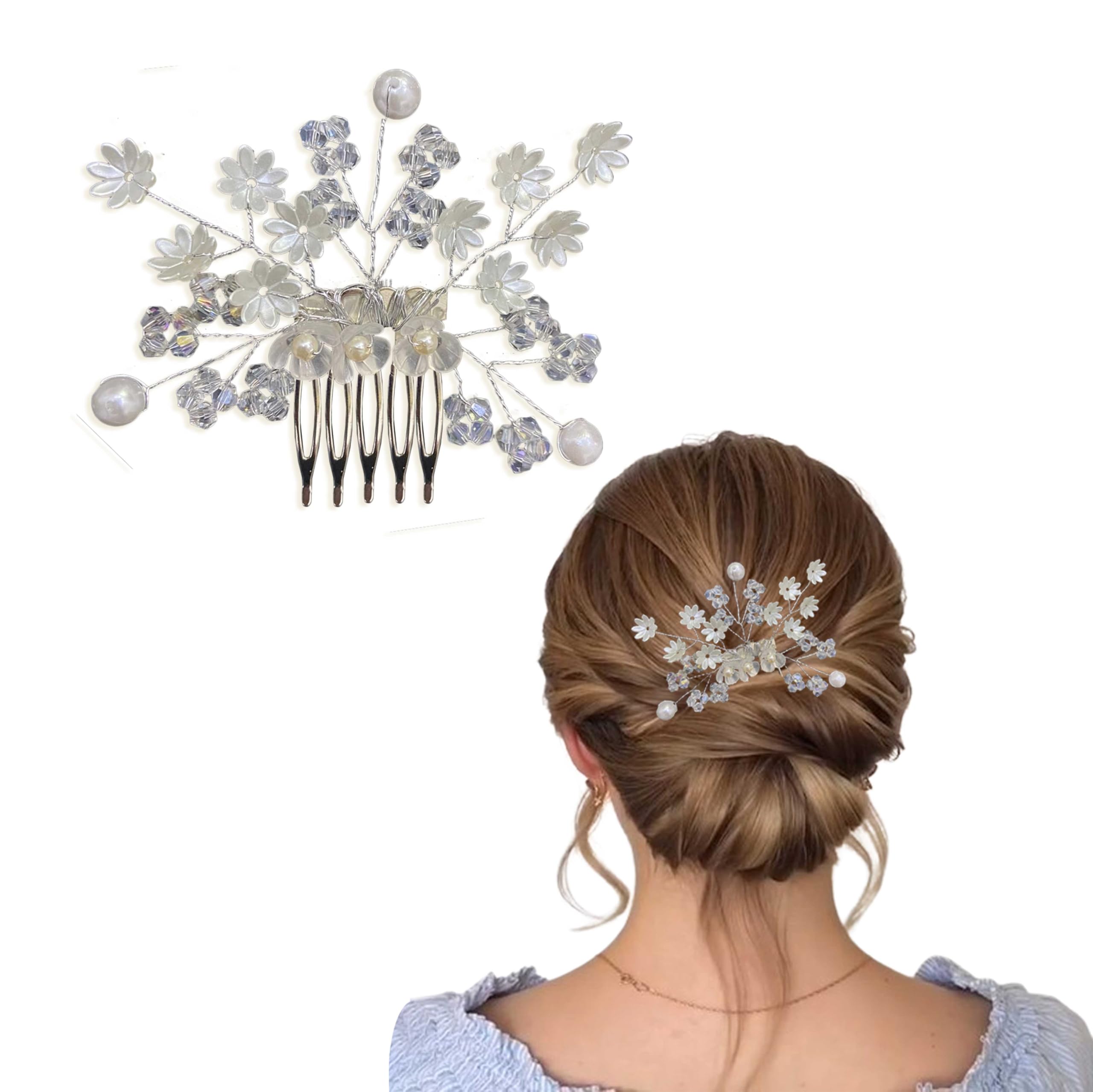 LYKAA Korean Stylish Rhinestone Pearl Hair Clips for Women & Girls - Silver Bun Pins, Side Combs, Juda Hair Accessories (Pack of 1) - Perfect for Weddings, Parties & Everyday Elegant Hairstyles