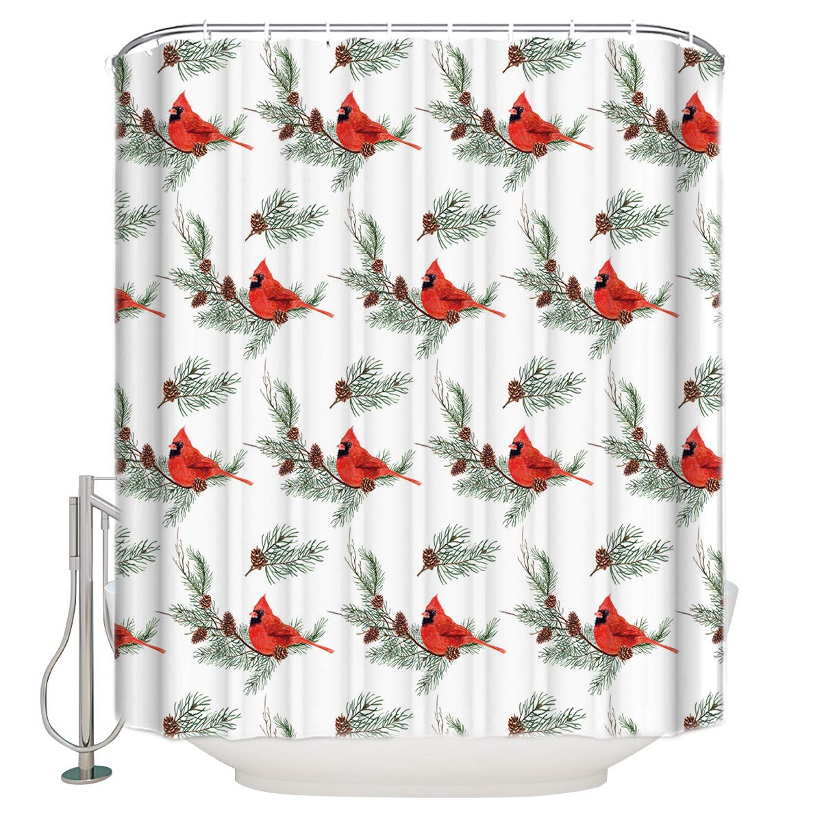 Luxury Waterproof Shower Curtain - Christmas Red Birds & Pine Cones Design - 72x78 Inch Bathroom Decor for Home & Kids - Easy Care with Hooks - Perfect for Holiday Bathroom Decor & Gift Giving