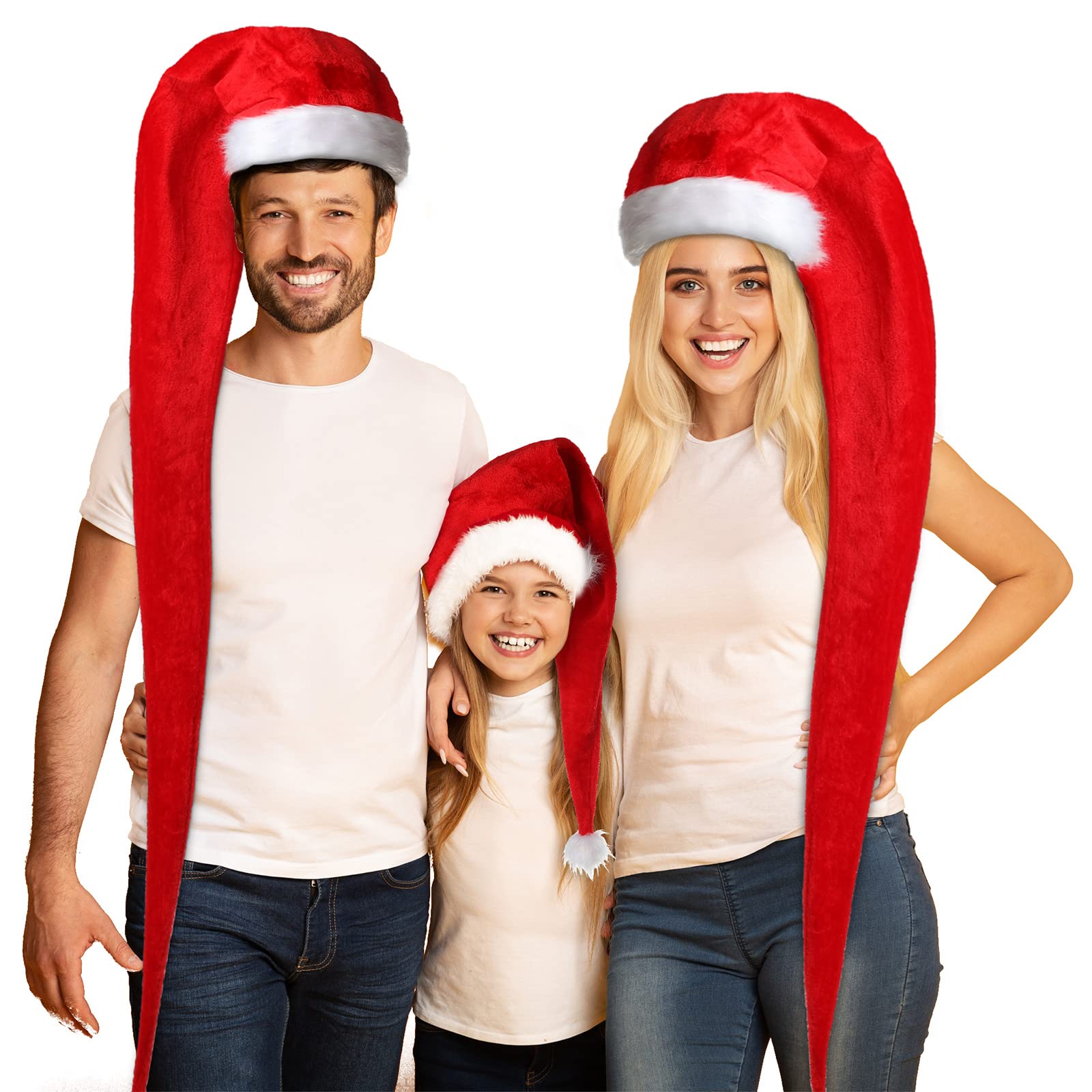 3-Piece Extra Long Christmas Santa Hats - Red & White Plush Santa Claus Hats for Holiday Parties, Xmas Decorations & Festive Family Gatherings