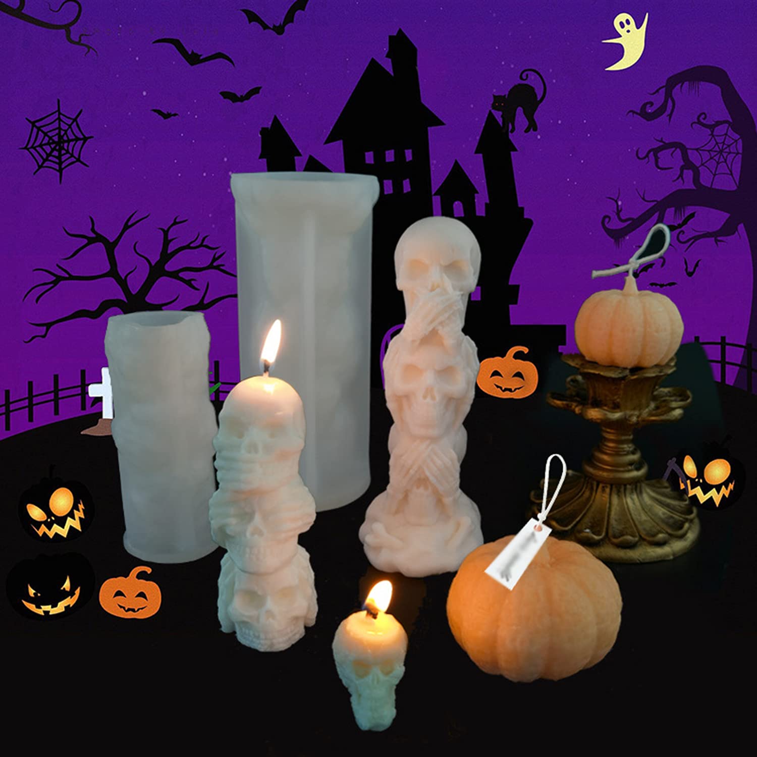 XALO 5-Piece Halloween Silicone Candle Molds Set - Skull Head & Pumpkin Soap Baking Molds for DIY Scary Ghost Decorations, Creative Scented Ornaments - Perfect for Halloween Party Decor, Home Crafts & Spooky Gift Making