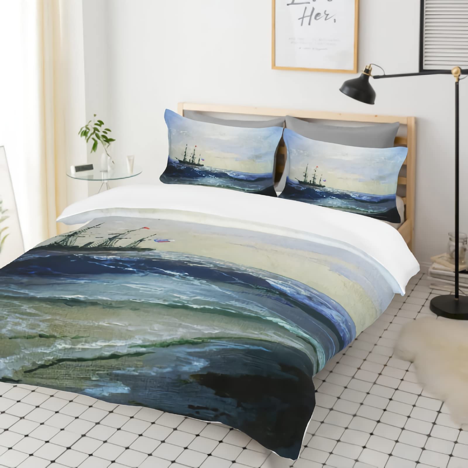 GREDBH Queen Size Beach Themed Duvet Cover Set - Ocean Wave Design with 2 Pillowcases, 3-Piece Soft Microfiber Bedding Set (Comforter Not Included) - Perfect for Coastal Decor, Beach House Bedroom & Summer Vacation Style