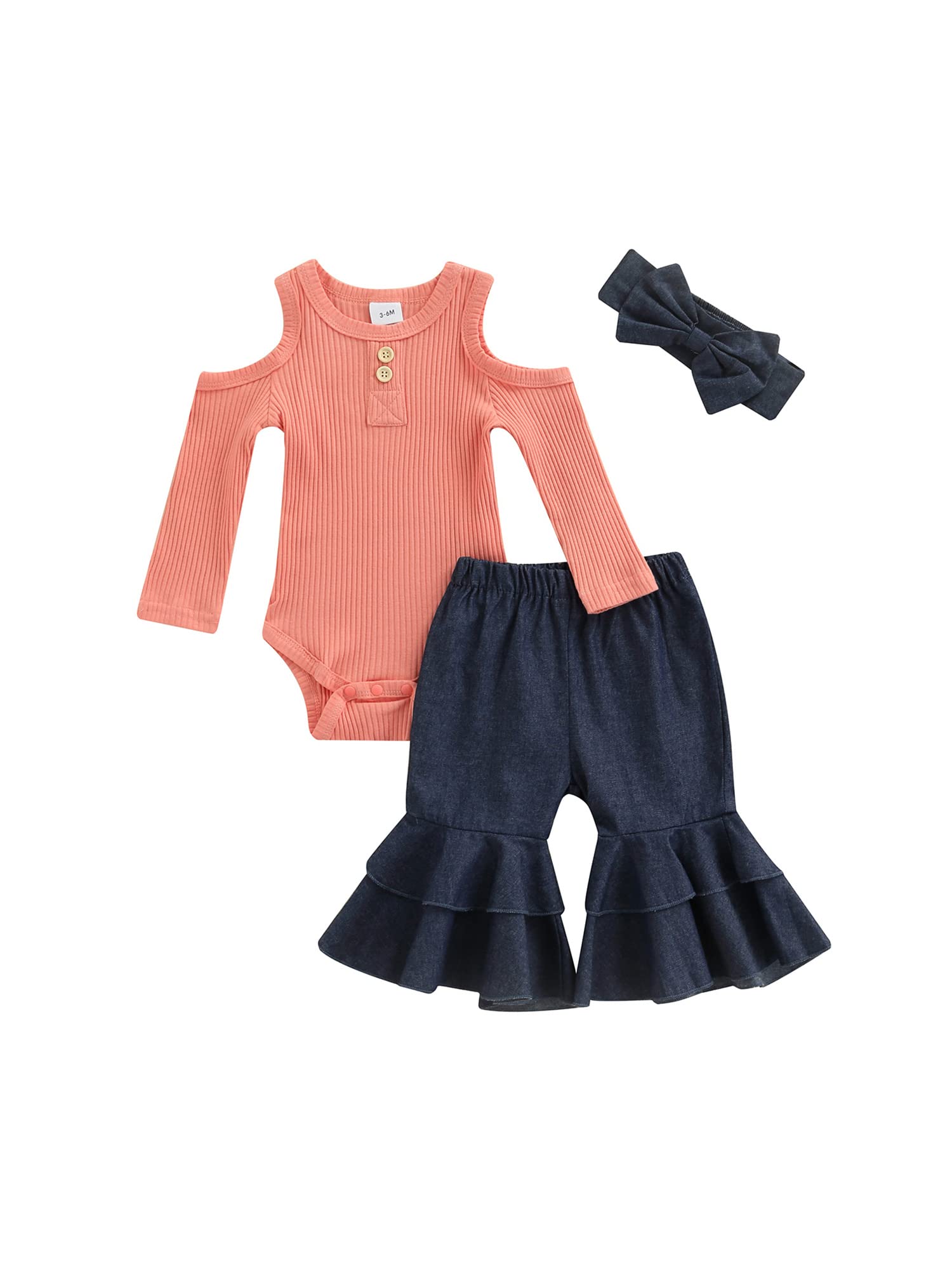 Adorable Newborn Baby Girl Fall Outfit Set - Ribbed Knit Strapless Romper, High Waist Flare Pants & Headband | Perfect for Autumn Photoshoots, Family Gatherings & Daily Wear