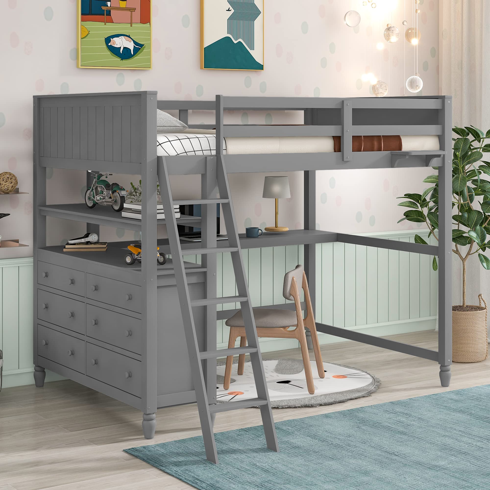 Full Size Loft Bed with 6 Drawers, Shelves & Study Desk - Sturdy Wooden Bunk Bed Frame with Safety Ladder for Kids & Teens - Space-Saving Grey Loft Bed for Small Bedrooms, Dorms & Apartments