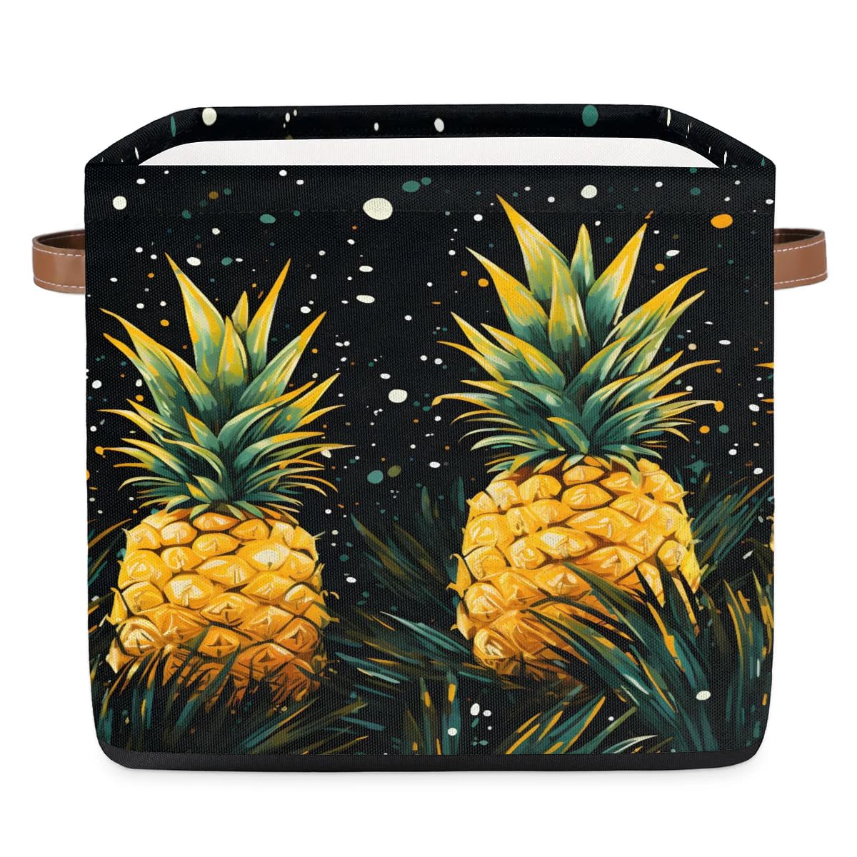 13 Inch Collapsible Black Bottom Yellow Pineapple Storage Basket - Rectangle Shelves Bin Organizer with Leather Handle for Closet, Home Decor & Bedroom Storage | Perfect for Organizing Toys, Blankets & Laundry