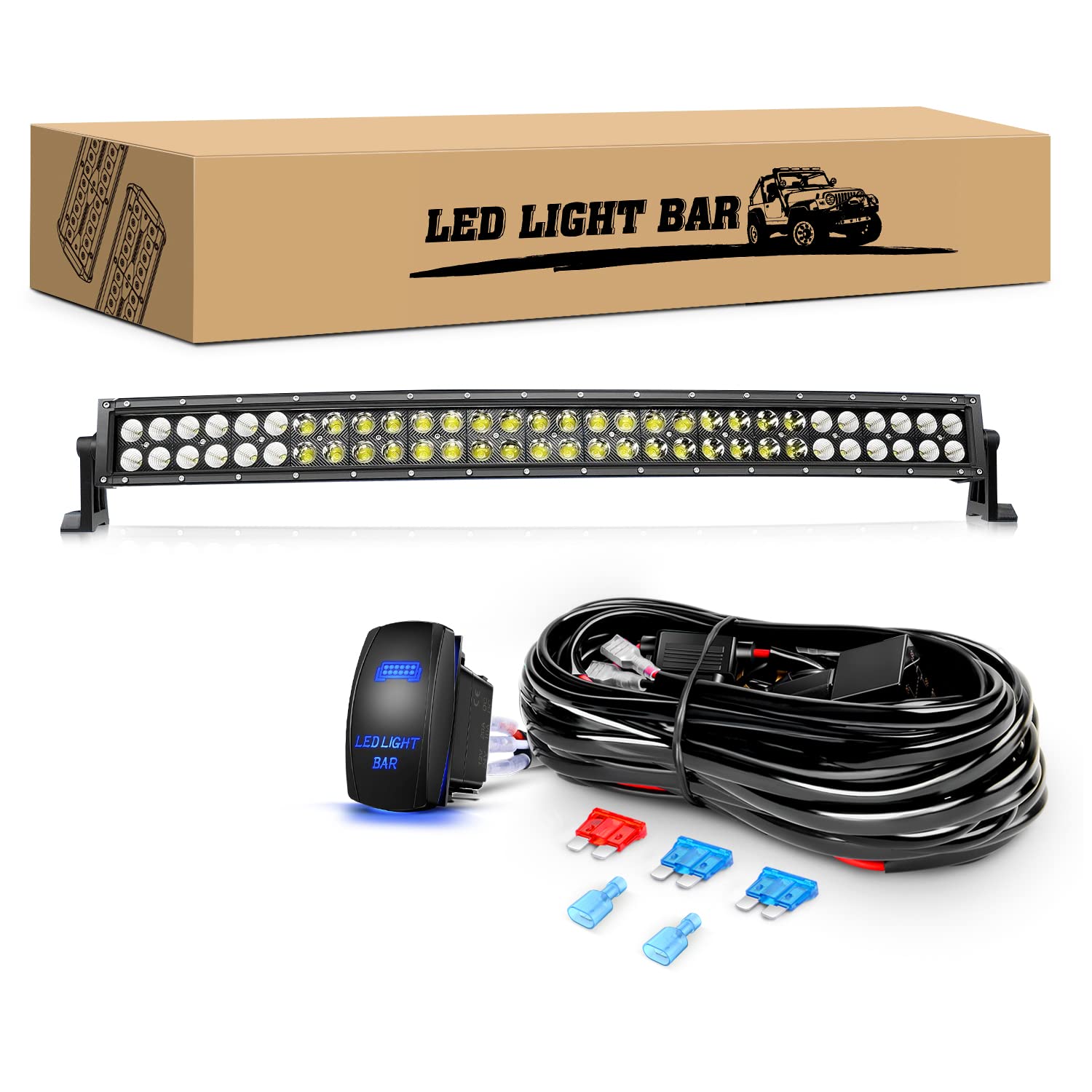 GOOACC 32-Inch 180W Curved LED Light Bar for Trucks - Off Road Driving Lights with Flood Spot Combo Beam, Heavy Duty 12V 5-Pin Rocker Switch & Wiring Harness Kit - Perfect for Night Off-Roading, Work Lighting & Truck Accessories - 2 Year Warranty