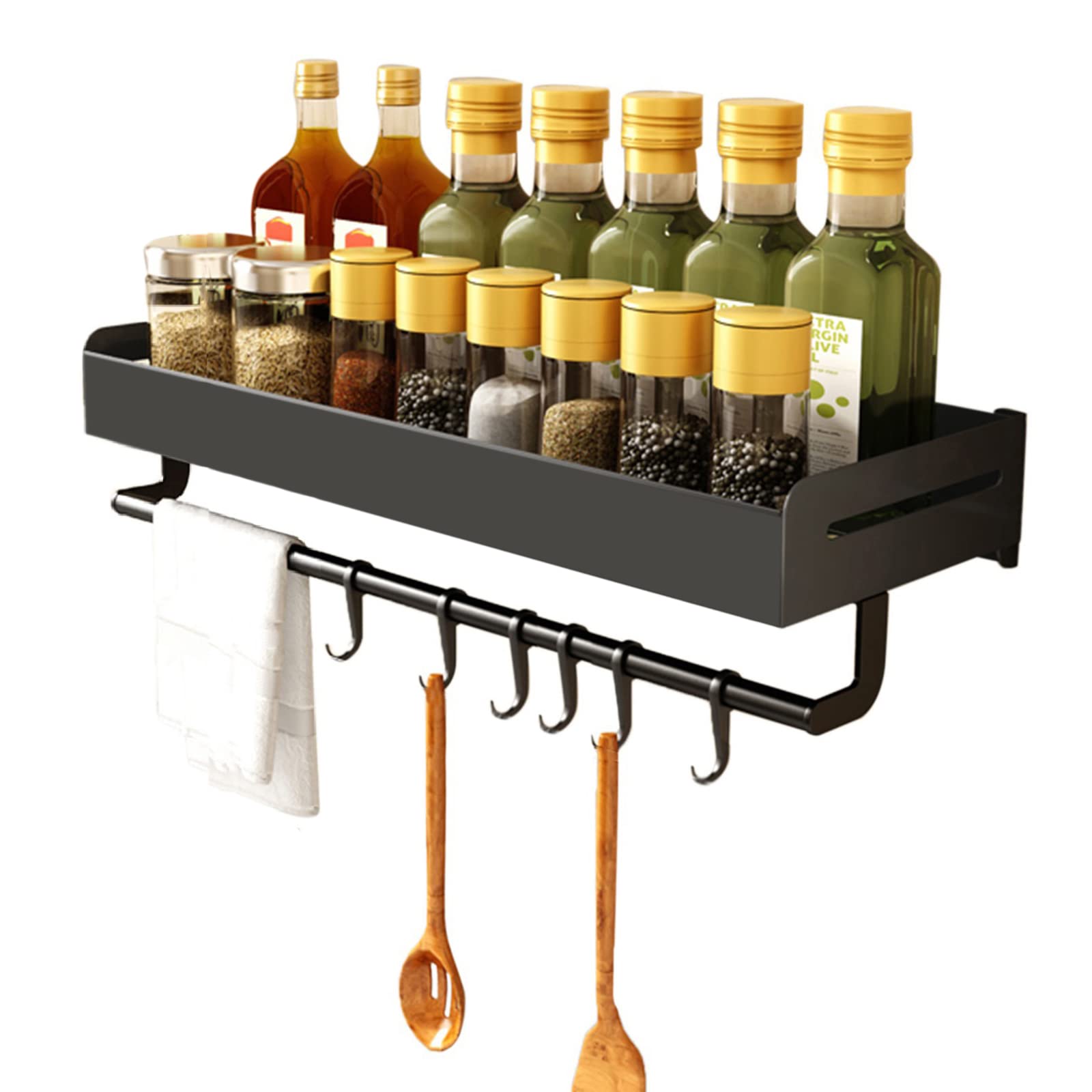 Wall Mounted Spice Rack with Hooks - No Drill Adhesive Kitchen Organizer with Towel Rack, 40cm Black Aluminum Space Saving Storage for Spices, Utensils - Perfect for Kitchen, Balcony, Bathroom & Small Spaces
