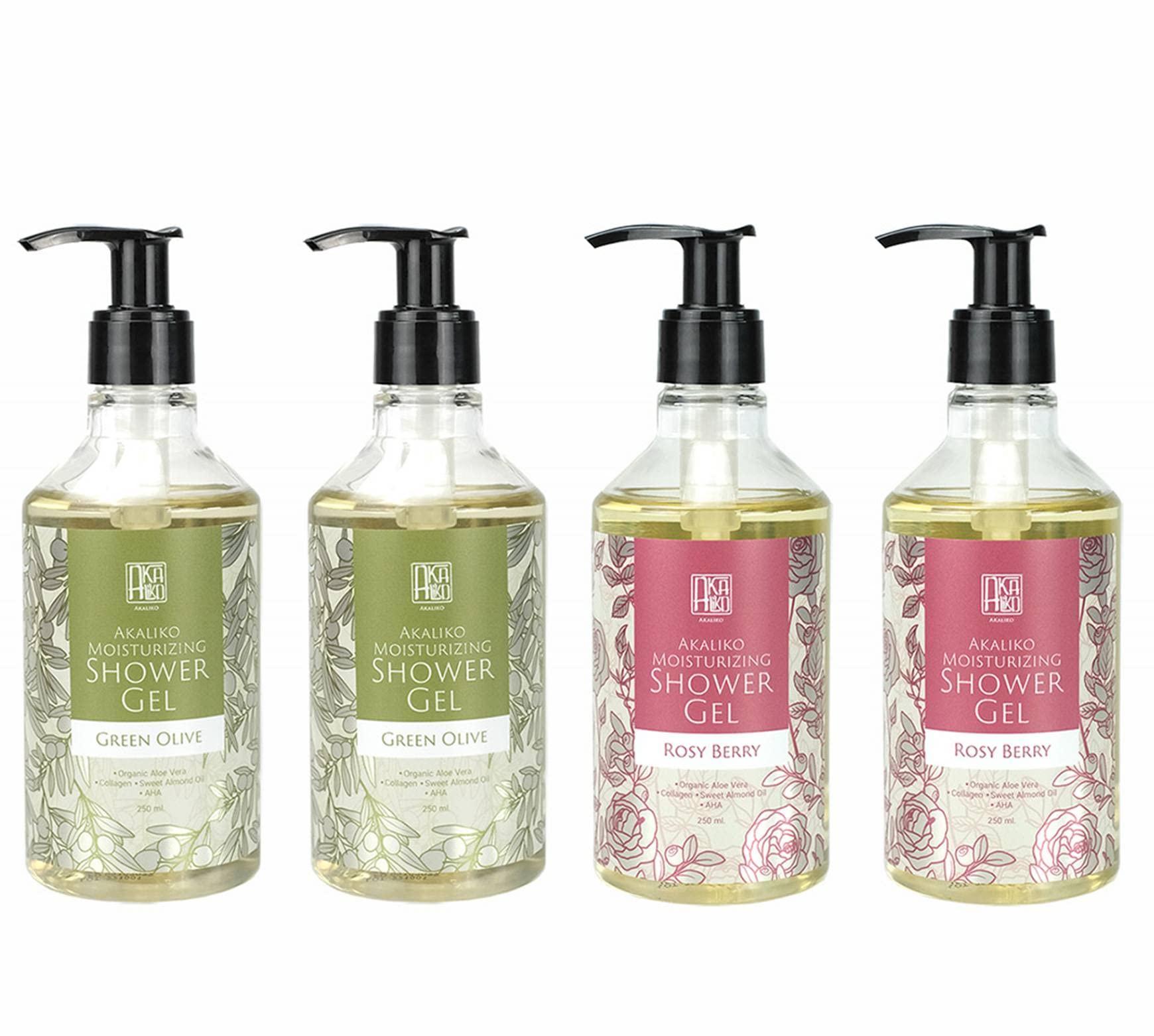 AKALIKO Green Olive & Rosy Berry Moisturizing Shower Gel Set - Hydrating Body Wash for Dry Skin, Natural Ingredients, Relaxing Bath & Shower Experience for Women & Men