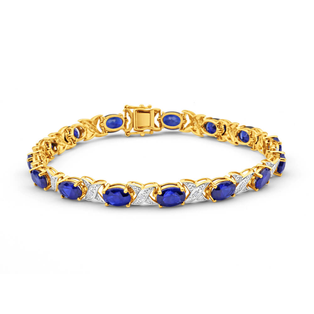 9ct Yellow Gold 7x5mm Oval Cut Lab-Created Sapphire & Diamond 19cm Crossover Bracelet for Women - Elegant Gift for Anniversary, Birthday & Special Occasions