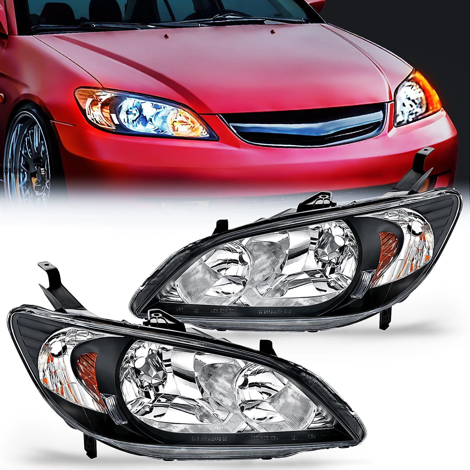 2004-2005 Honda Civic Headlight Assembly - Black Housing with Amber Reflector & Clear Lens Upgrade | Improved Visibility for Night Driving & Foggy Conditions