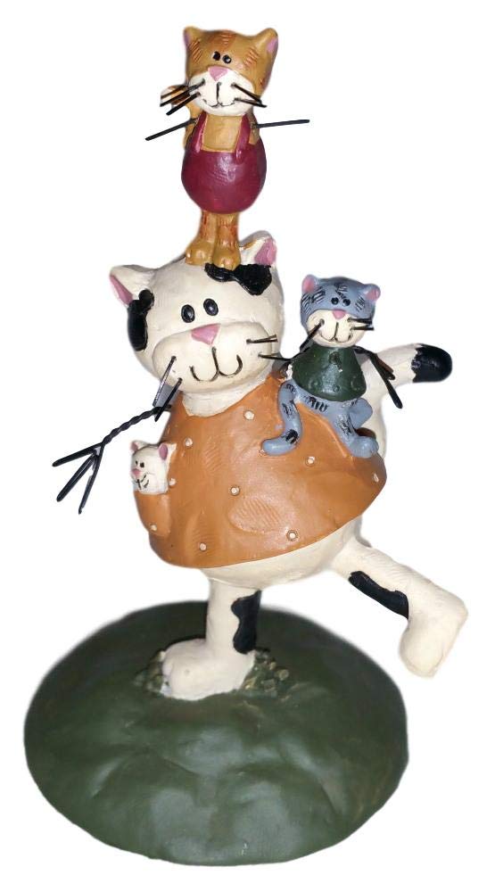 Playful Black & White Cat Family Resin Figurine - Mother Cat with Two Kittens in Blossom Bucket - Perfect for Home Decor, Gift for Cat Lovers, and Shelf Display