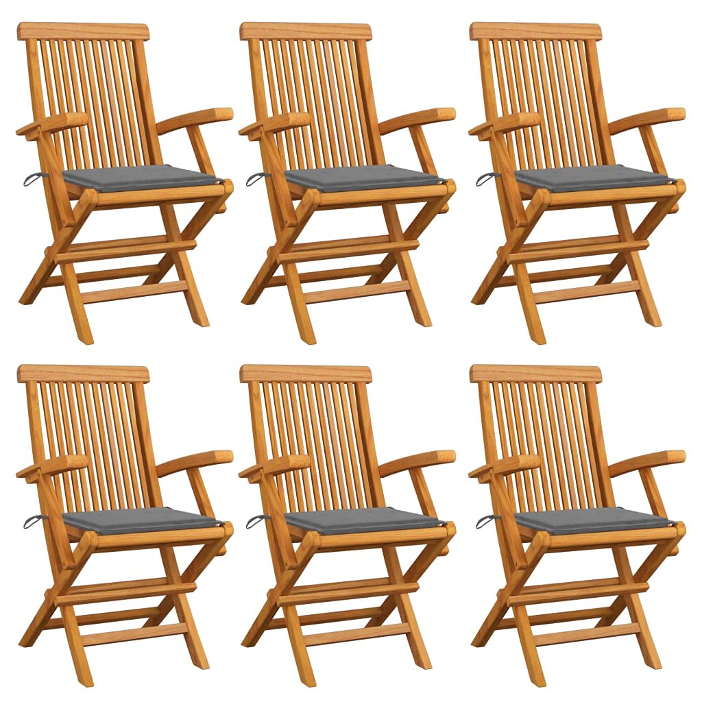 6-Piece Solid Teak Wood Outdoor Dining Chairs with Gray Cushions - Patio, Garden & Backyard Furniture Set with Armrests for Comfortable Al Fresco Dining