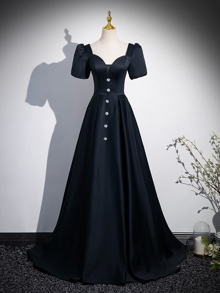 Elegant A-Line Short Sleeve Satin Dark Blue Long Prom Dress - Formal Evening Gown for Homecoming, Ball, Wedding & Special Occasions