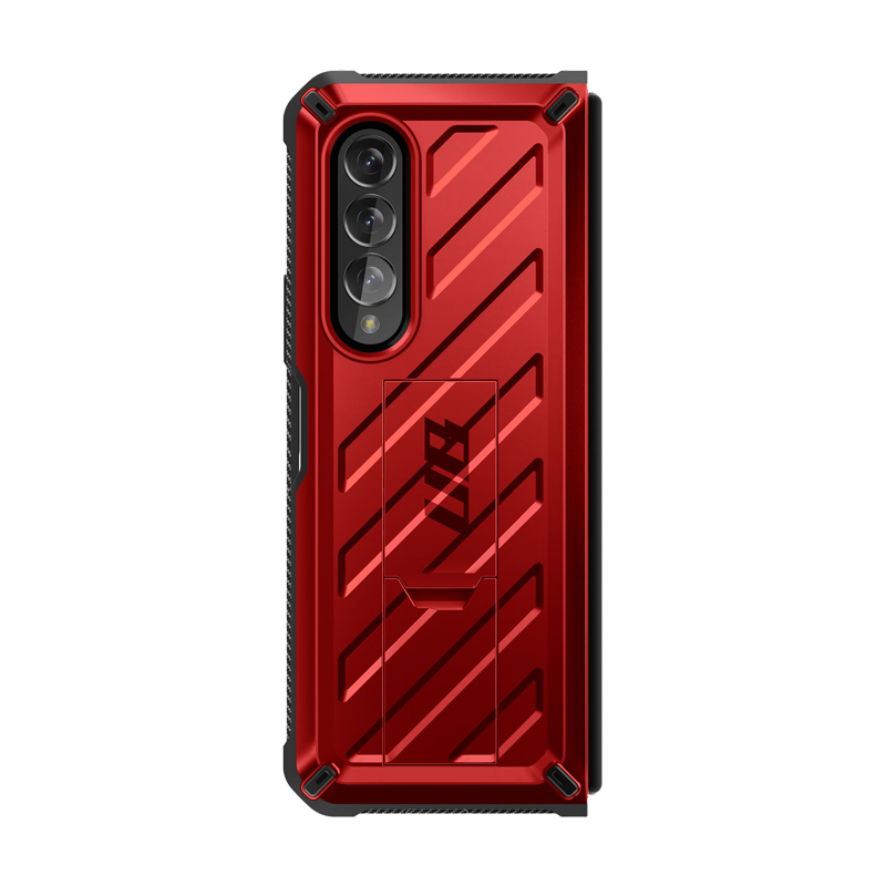 Samsung Galaxy Z Fold 4 Case with Built-in Kickstand & Screen Protector - Shockproof Heavy Duty Cover for Z Fold4 - Metallic Red | Perfect for Work, Travel & Everyday Protection