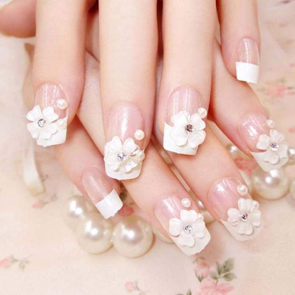 Bride Wedding False Nails - Full Cover 3D Flower Pearl Nail Tips for Women | Sweet & Elegant Artificial Nails for Wedding, Prom, Party & Special Occasions