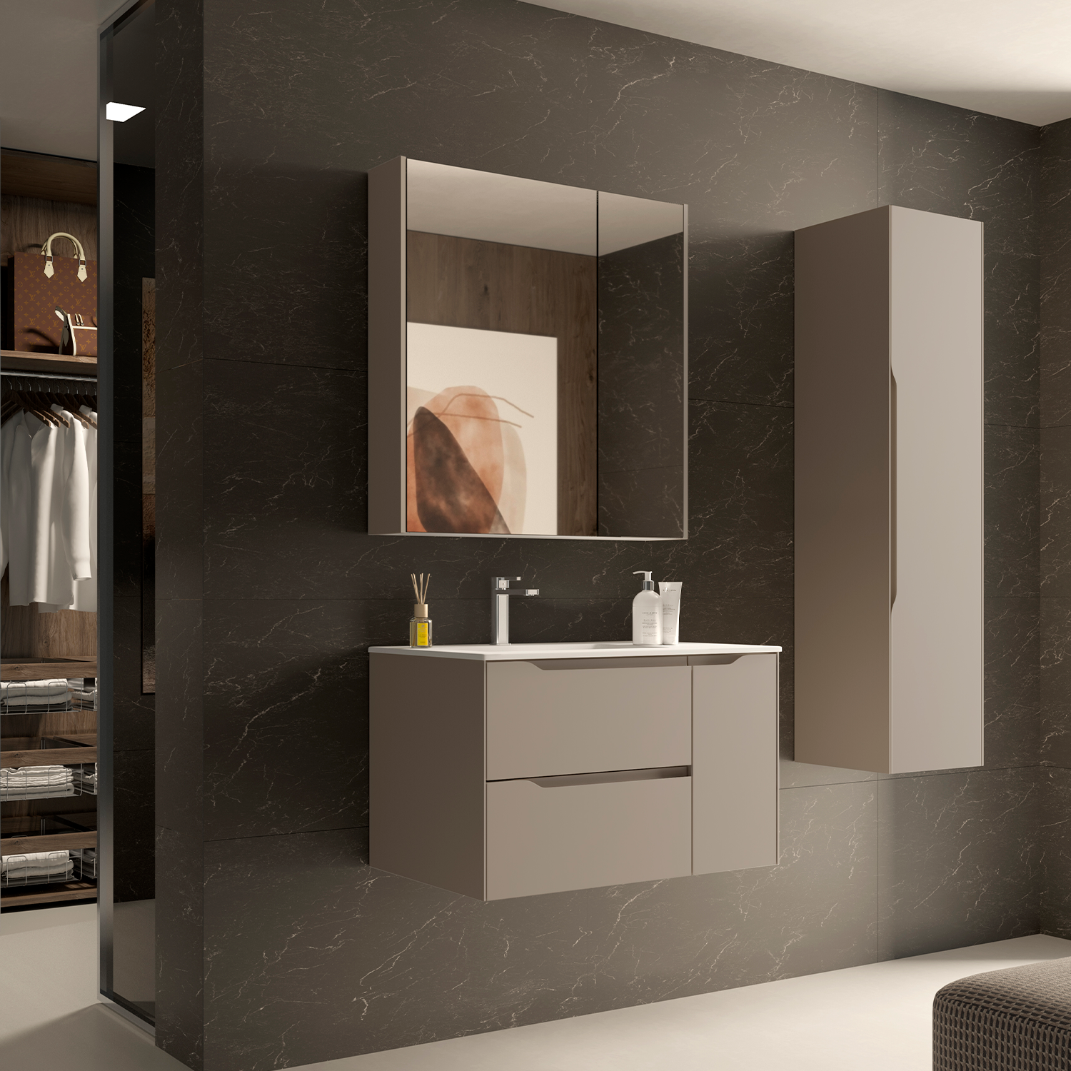 DAX Cenit 48 Inch Single Vanity Cabinet with 2 Drawers & 1 Door - Matt Moka Finish with Matt Toscana Basin (DAX CEN024846 M) - Perfect for Bathroom Remodeling and Modern Home Decor