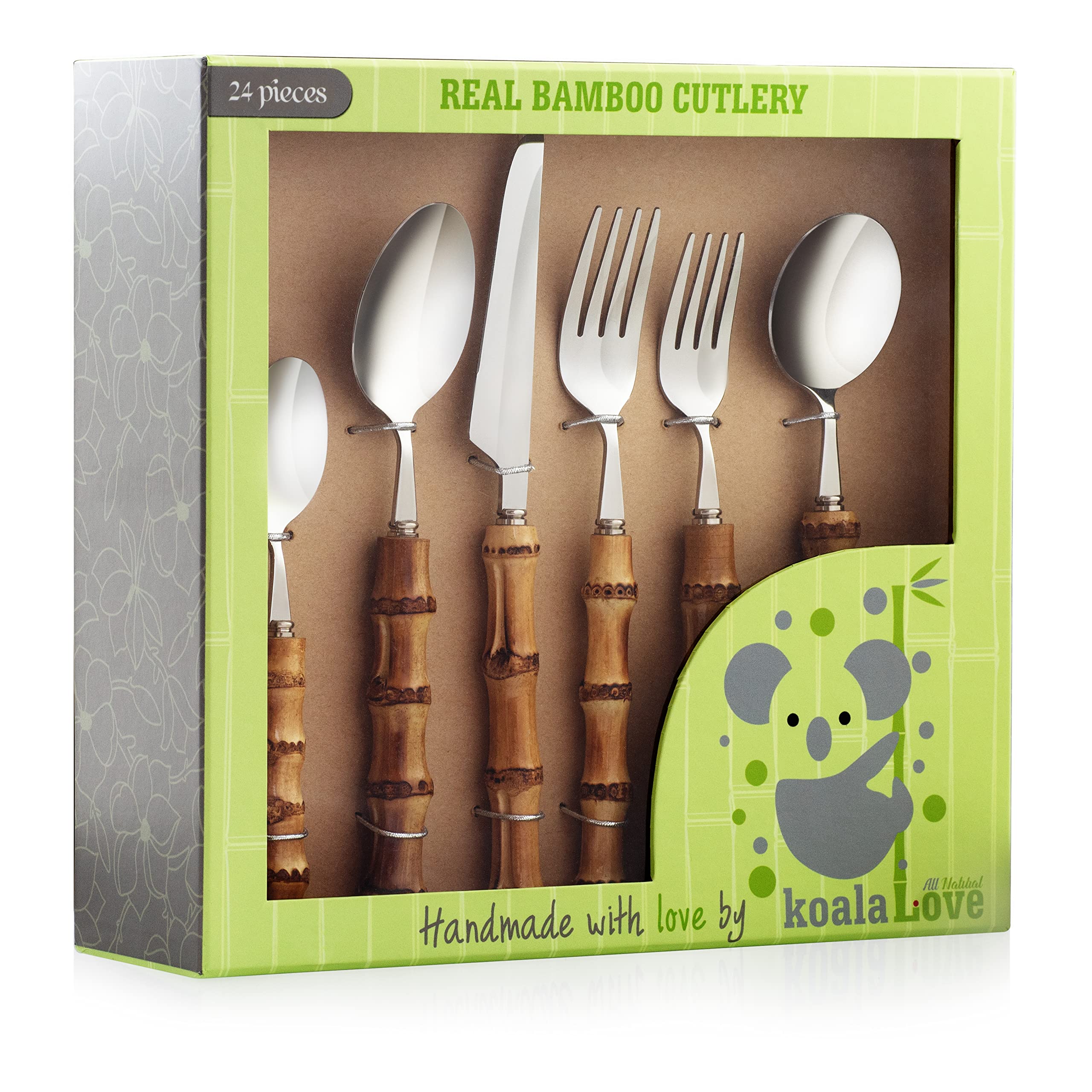 Premium Natural Bamboo Silverware Set - Eco-Friendly Handcrafted Cutlery Utensils (4 Sets, 24 Pieces) for Dining, Camping & Picnics | Sustainable Flatware by KoalaLove