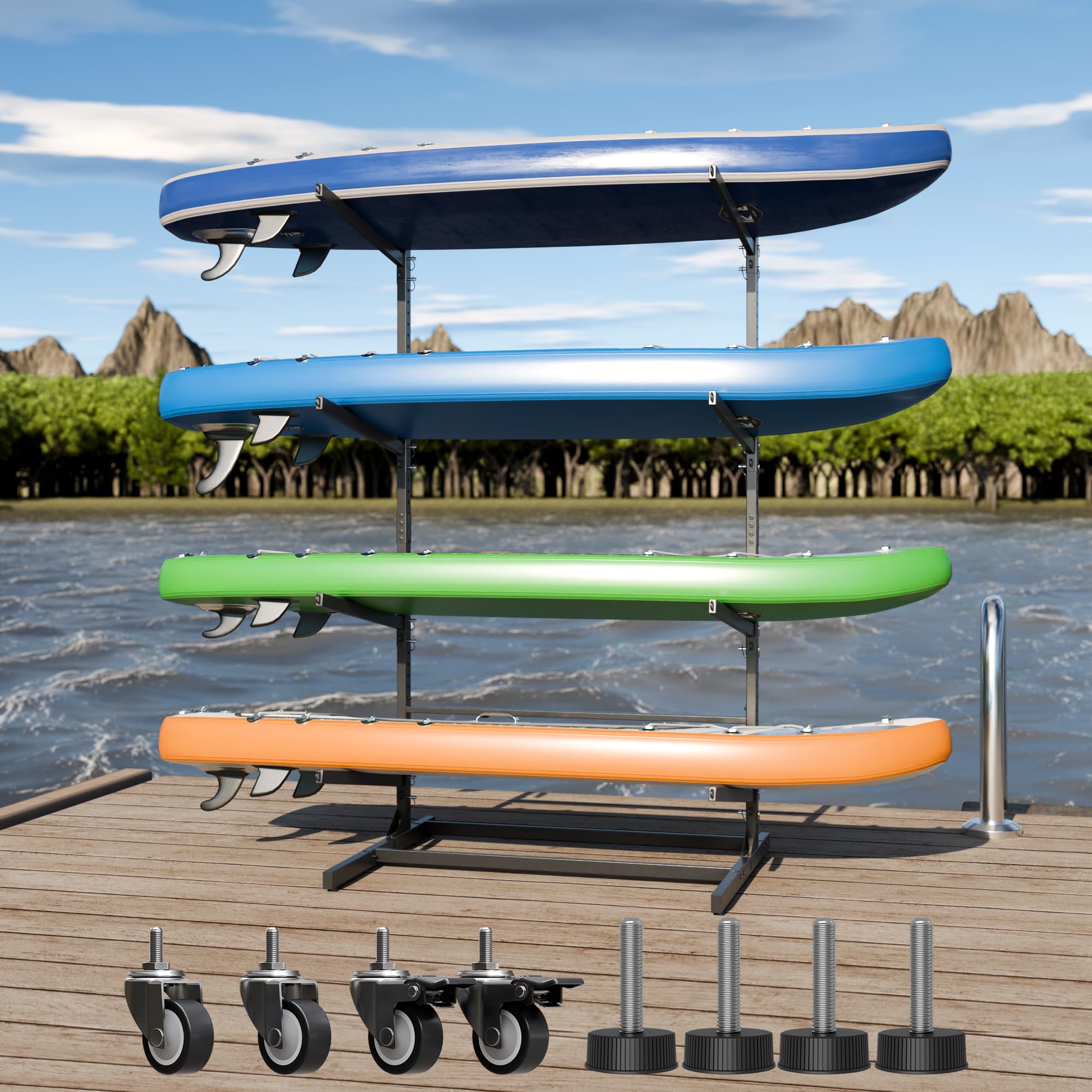 Heavy Duty Adjustable Outdoor Kayak Storage Rack with Wheels & Protection Pad - Weatherproof Kayak Stand for Garage, Backyard or Dock - Black