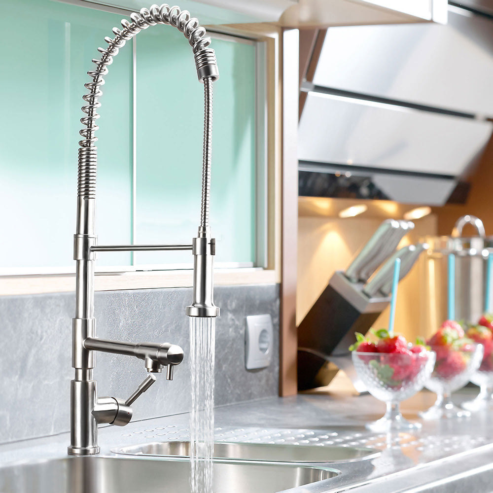 Lead-Free Commercial Faucet - Solid Stainless Steel with Flexible Pull-Down Spray Head, Swivel Support Bar & Dual Control Levers - Perfect for Restaurants, Kitchens & Food Service Businesses