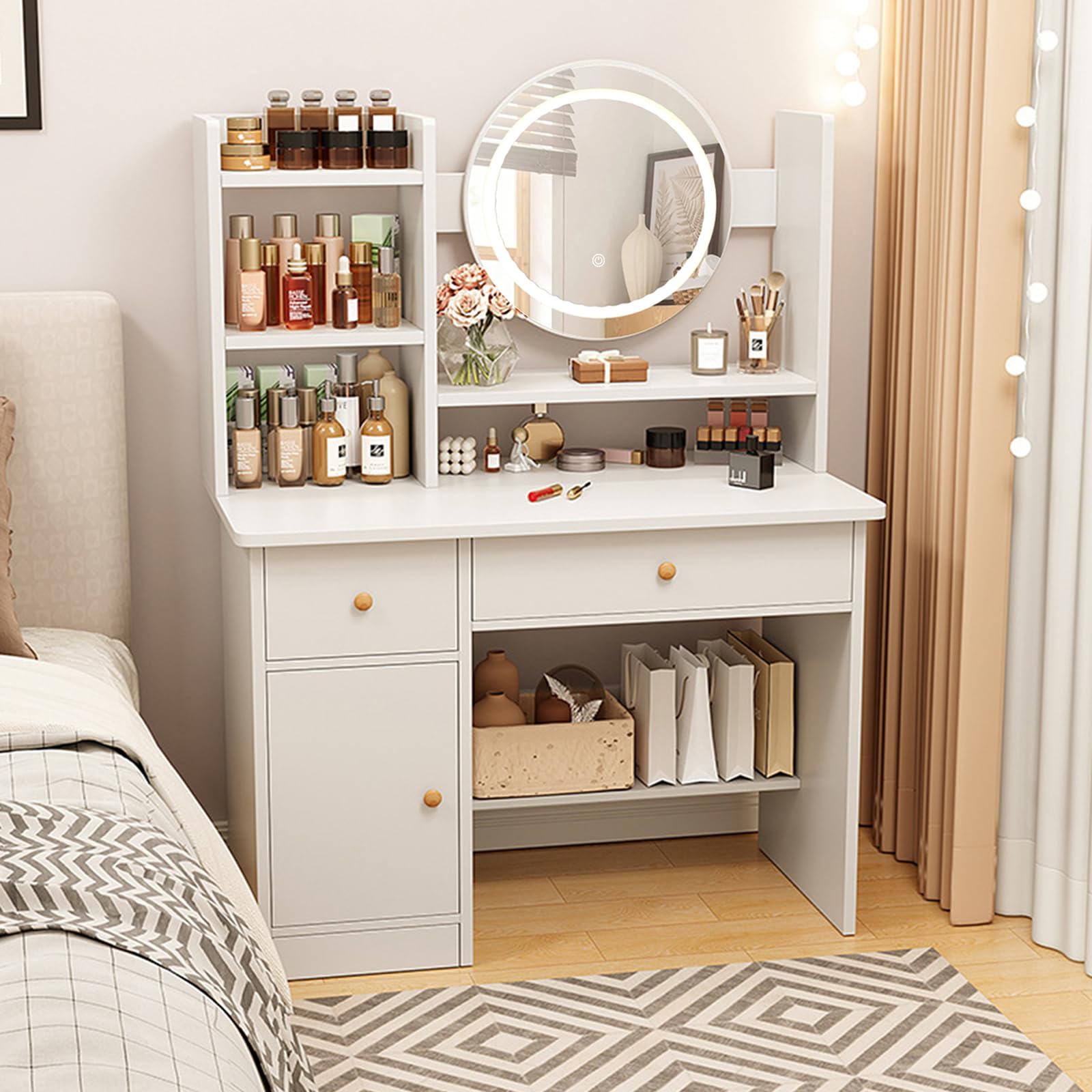 LED Vanity Desk with Mirror & Drawers - 3 Lighting Modes, Makeup & Writing Desk for Bedroom (White)