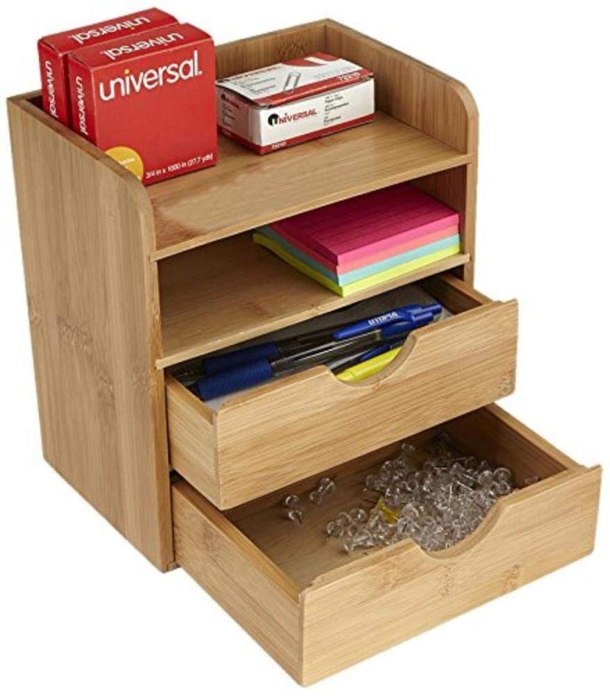 Mind Reader 2-Drawer Bamboo Desk Organizer - Stylish Brown Storage Box for Pens, Pencils, Post-its & Office Supplies | Perfect for Home Office, School & Workspace Organization
