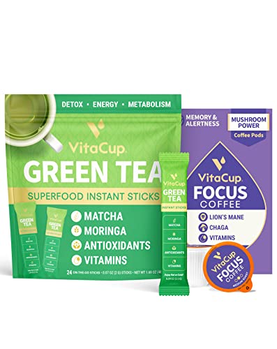 VitaCup Instant Green Tea Packets (24 Count) & VitaCup DeStress Tea Pods (16 Count) - Infused with L-Theanine, Valerian Root & B Vitamins for Relaxation, Calming & Stress Relief | Herbal Tea for Work, Yoga & Bedtime Relaxation