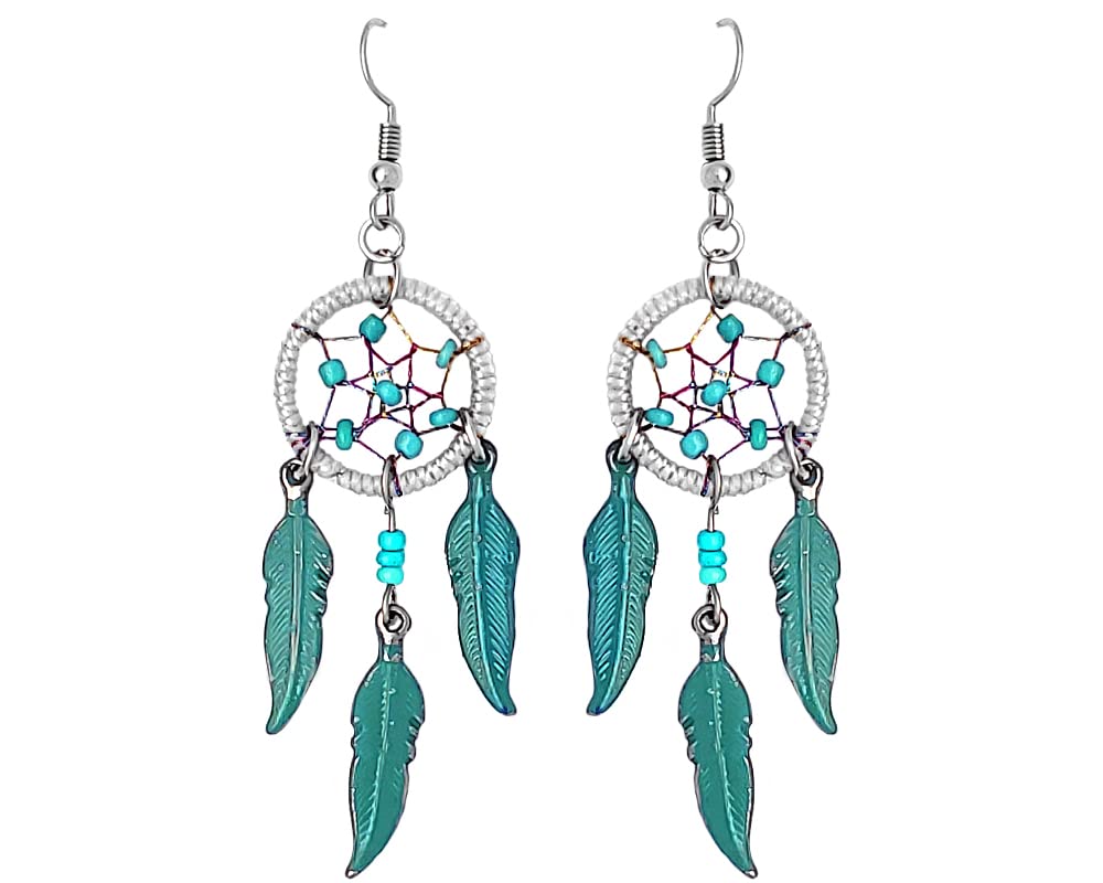 Dream Catcher Long Triple Colored Metal Feather Dangle Earrings - Handmade Boho Jewelry for Women | Perfect for Festivals, Concerts & Boho Chic Outfits
