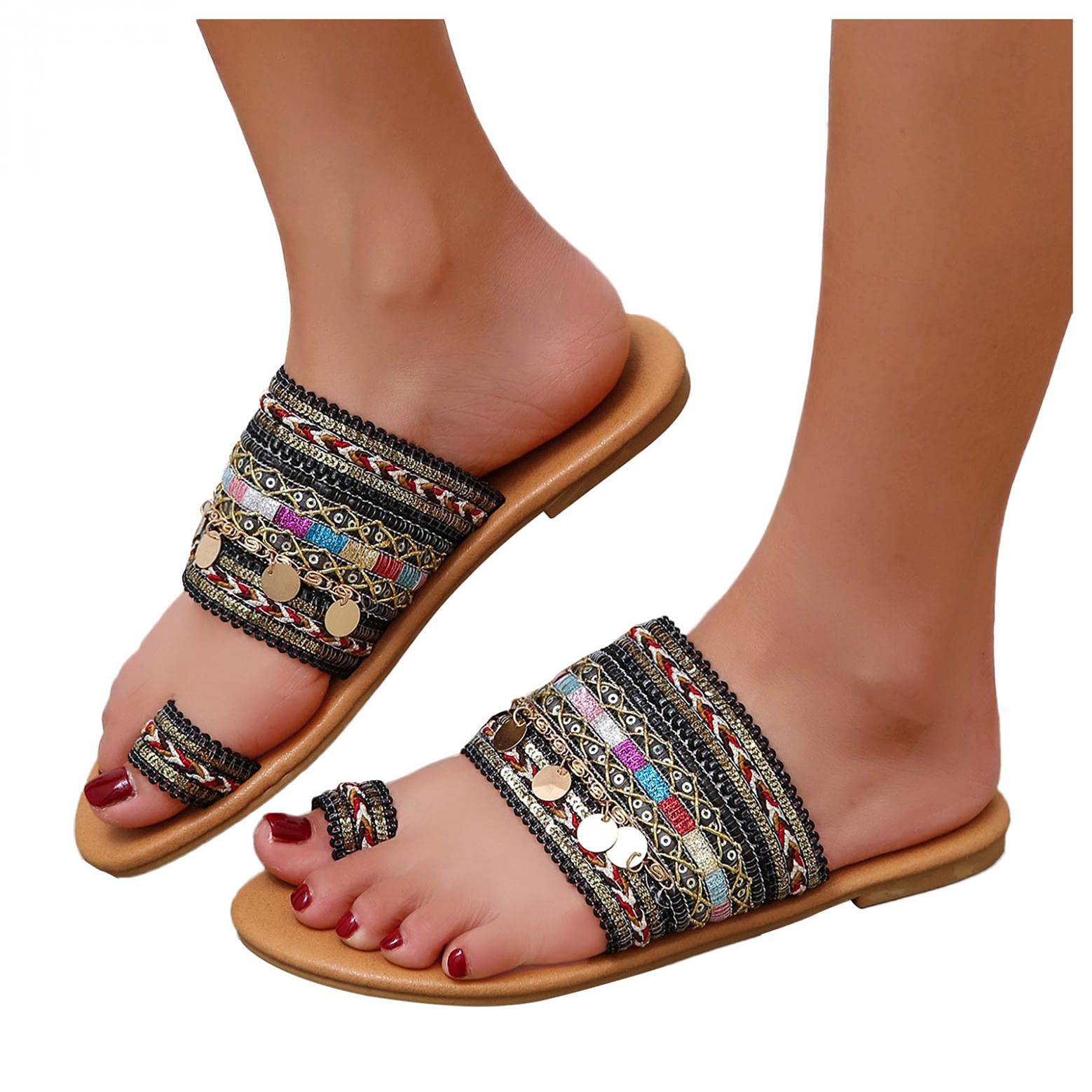 Aunimeifly Women's Boho Sandals - Greek Style Flip Flops with Ethnic Clip Toe Design | Comfortable Summer Slides for Beach, Vacation & Casual Outfits