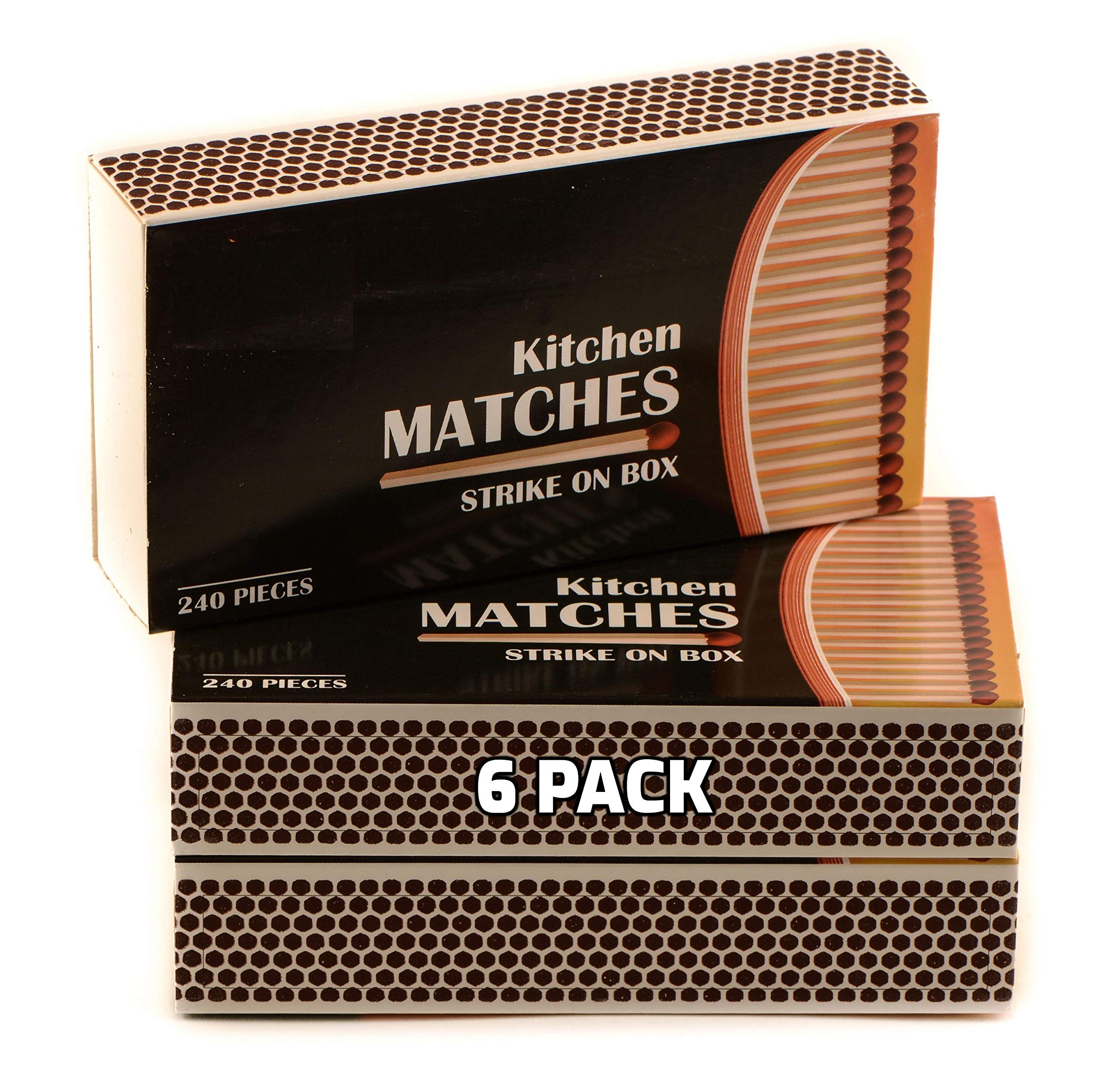 6 Pack Wooden Strike-on-Box Matches - 240 Count Per Box - Long-Lasting Kitchen Matches for Camping, Candles, Fireplaces & Stoves - Bulk Wholesale Matches for Emergency & Outdoor Use