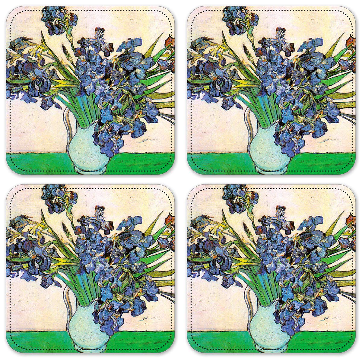 Vinyl Drink Coasters Set of 4 - Van Gogh Vase & Irises Art Coasters - Absorbent & Durable for Coffee Tables, Bars, and Home Decor