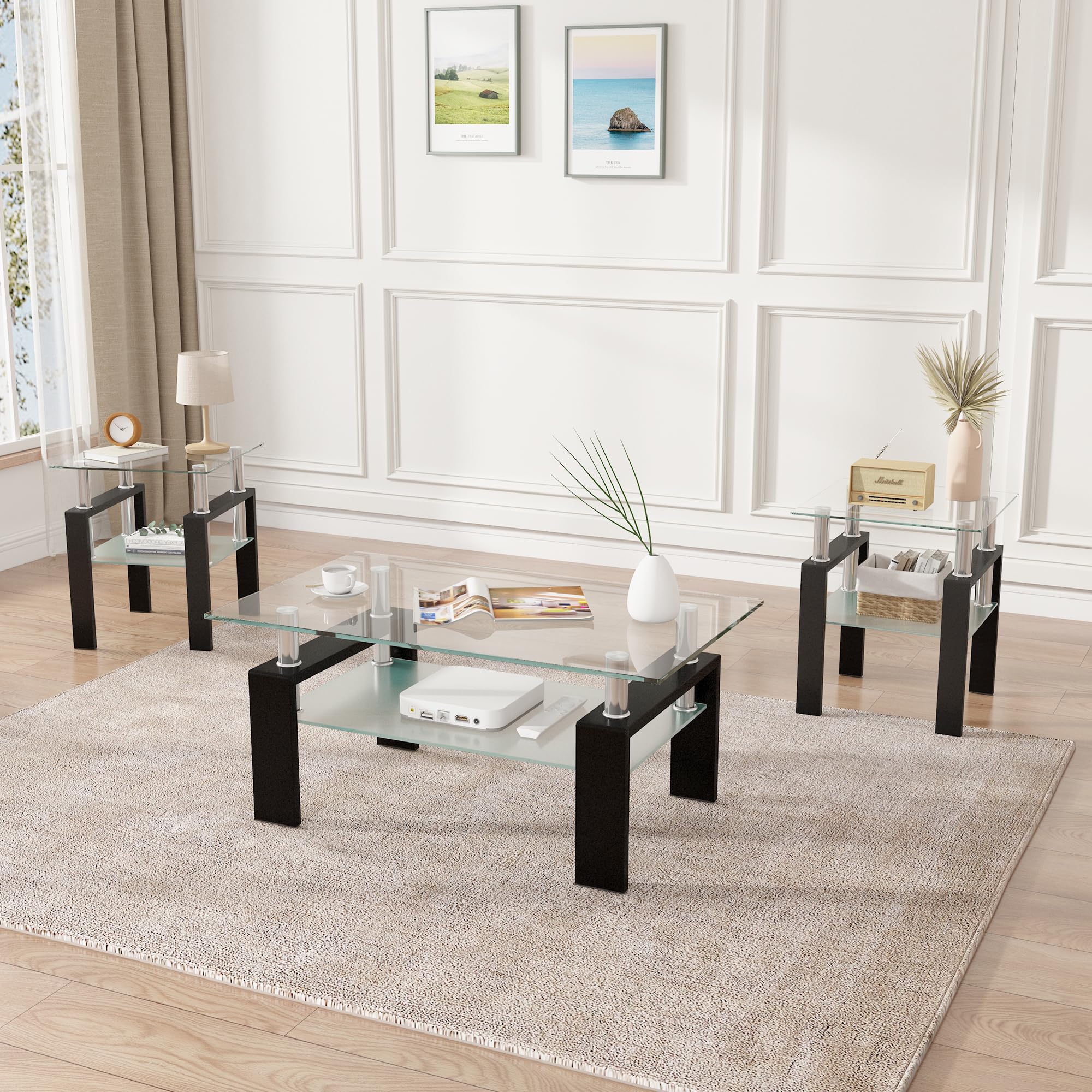 3 Piece Modern Living Room Table Set - Tempered Glass Coffee Table & End Tables with Sturdy Metal Legs, Black Frame & Clear Glass Top - Perfect for Living Room, Bedroom, Office or Dorm Decor (Style 1)