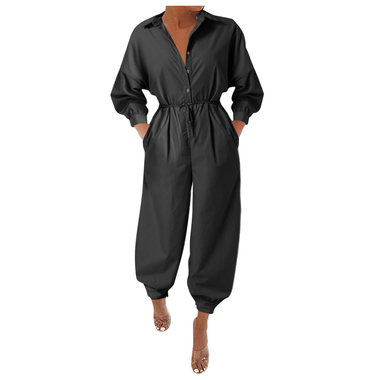 GTMANG Women's Slim Lapel Bandage Jumpsuit - Elegant Button-Up Romper & Dressy Pant Suit for Office, Party & Evening Wear