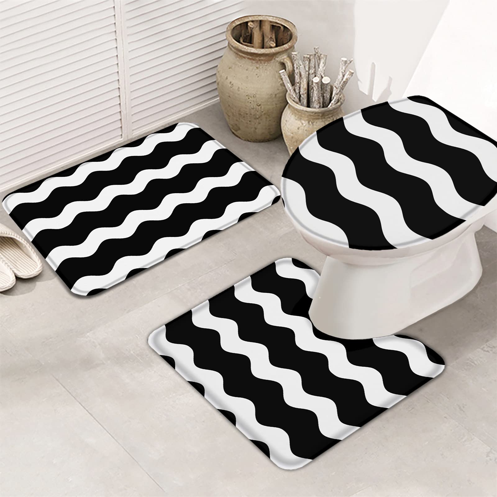 3-Piece Non-Slip Bathroom Rug Set - Absorbent Black & White Wave Design Bath Mat, Contour Mat & Toilet Cover - Soft Shower Mats for Modern Bathrooms - Perfect for Bathroom Safety and Minimalist Decor
