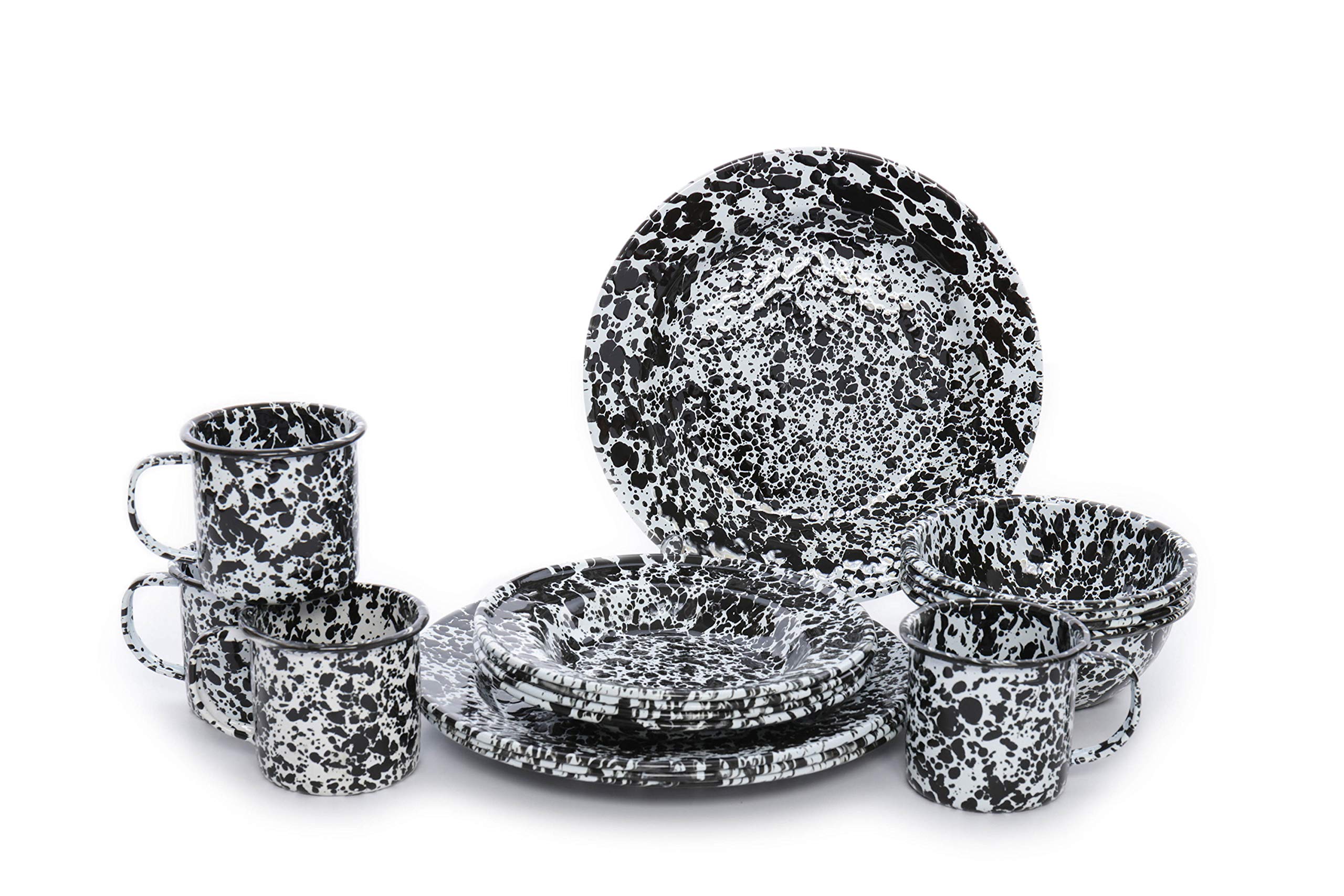 16-Piece Enamelware Starter Set - Black & White Splatter Design - Durable Kitchenware for Camping, Picnics & Outdoor Dining