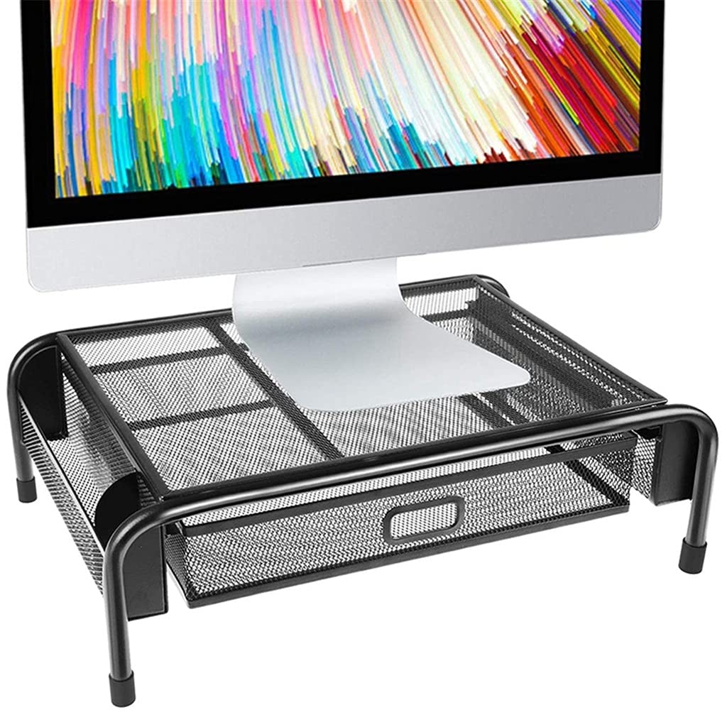 SLSFJLKJ Mesh Metal Monitor Stand with Drawers & Side Pockets - Ergonomic Computer & Laptop Riser for Home Office Desk Organization - Perfect for Workstations, Gaming Setups & Study Areas