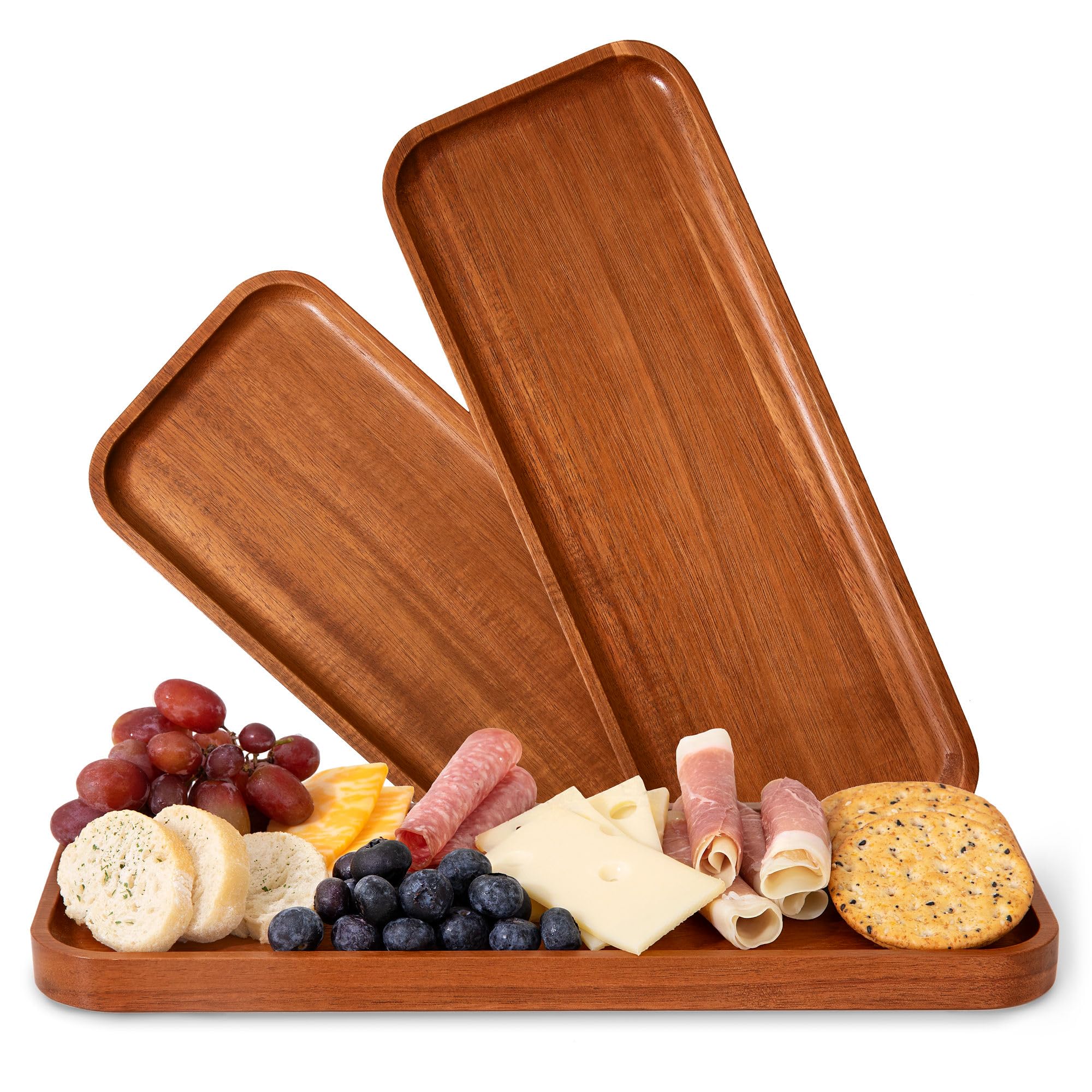 Premium Acacia Wood Serving Trays Set of 3 - 14 x 5.5 Inch Rectangular Wooden Platters for Charcuterie, Cheese, Appetizers | Rustic Food Serving Board for Entertaining, Kitchen, Dining Table & Party Display