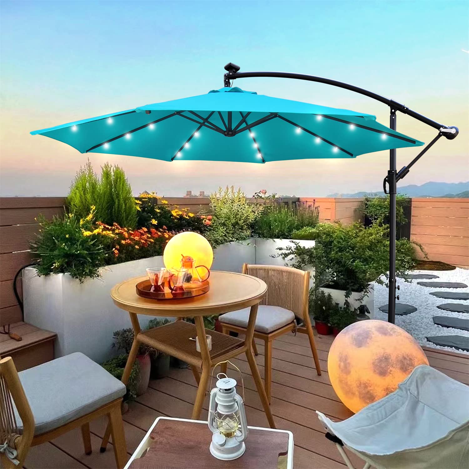 10ft Solar Powered LED Patio Umbrella with Crank - Waterproof Outdoor Sun Shade with 8 Ribs & Cross Base - Perfect for Garden, Deck, Backyard, Poolside & Outdoor Dining Areas - Turquoise Color
