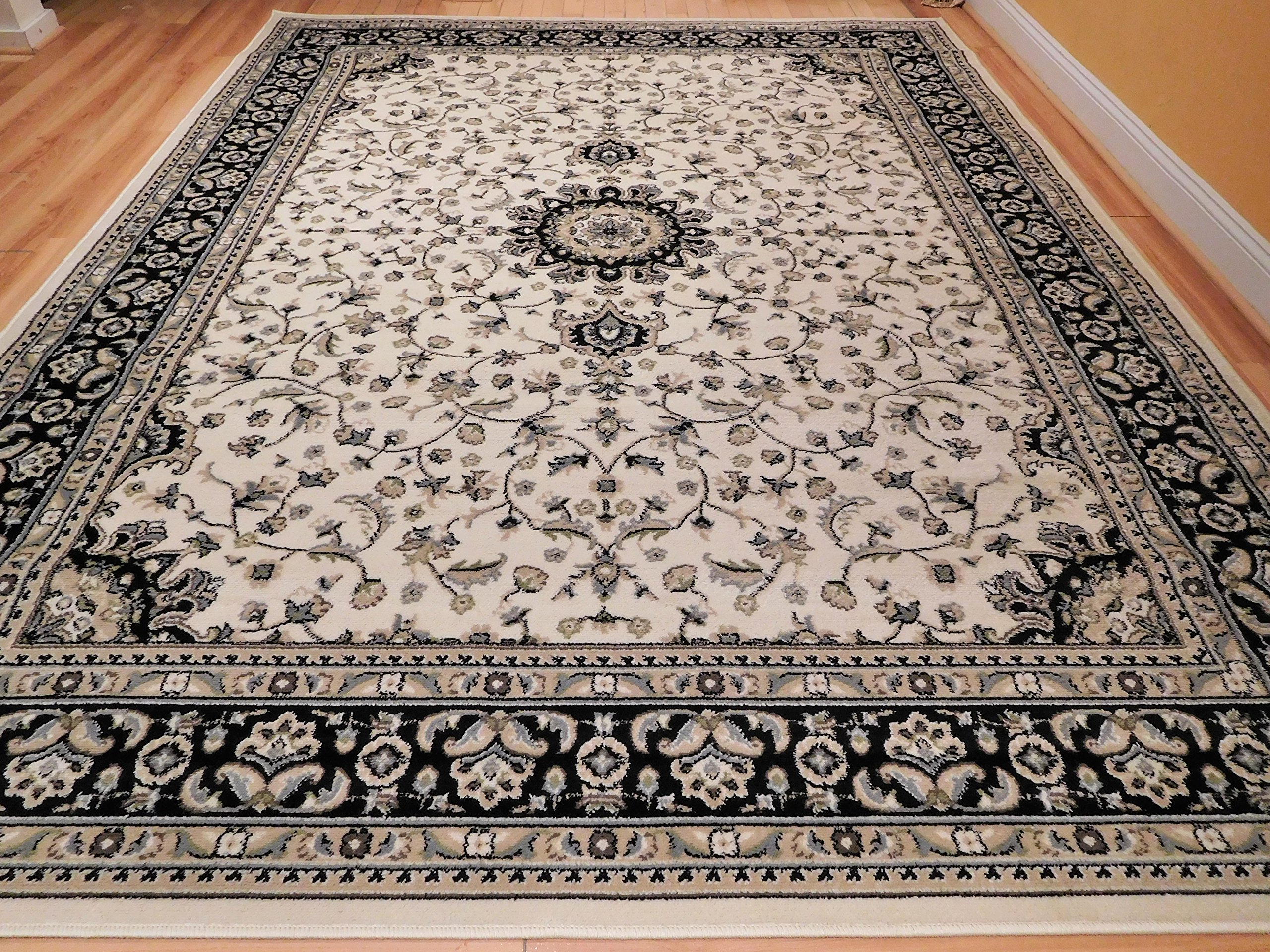 Premium 8x10 Ivory Persian Style Area Rug with Black Border - Soft Cream Traditional Large Carpet for Living Room, Bedroom & Dining Room Decor