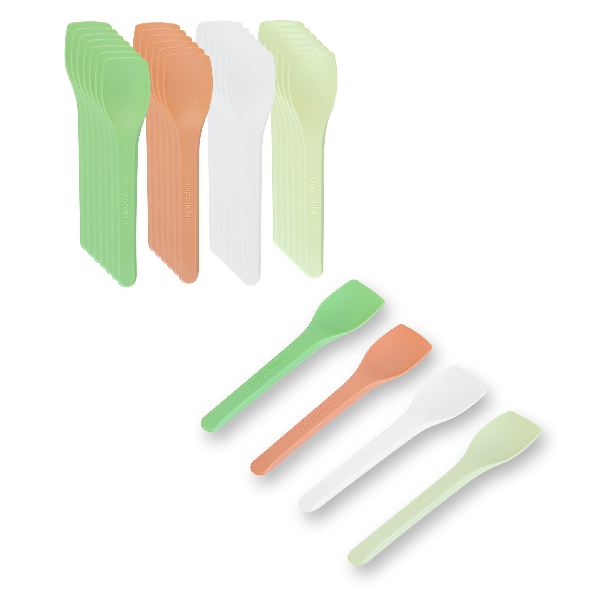 Basic Nature Assorted CPLA Plastic Ice Cream Spoons - Heat Resistant, Compostable, 100-Pack (4 Styles) - Perfect for Parties, Desserts & Eco-Friendly Dining