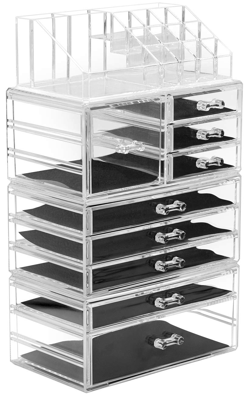 Sorbus Large Clear Makeup Organizer - Detachable 4-Piece Jewelry & Cosmetic Storage Set - Spacious Acrylic Display Tower for Vanity, Bathroom, Dresser & Countertop - Perfect for Organizing Makeup Brushes, Lipsticks, Earrings & Beauty Essentials