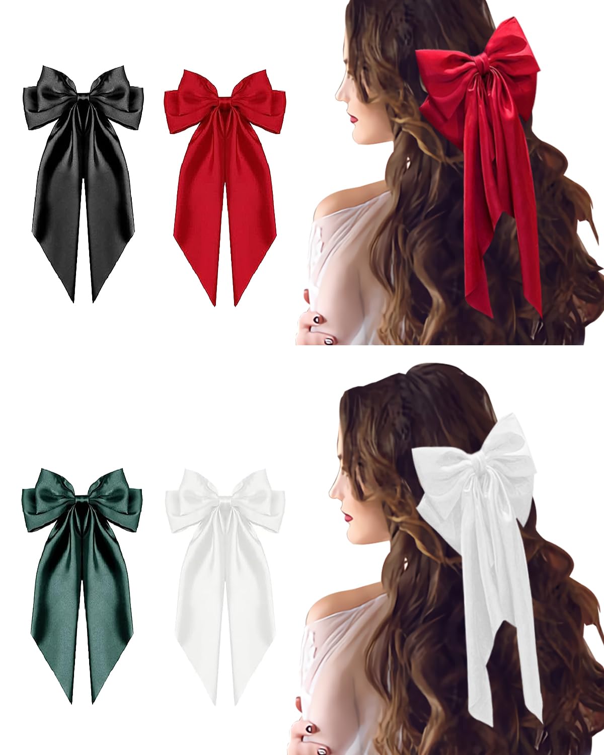 4 Pcs Elegant Satin Hair Bows for Women - Large Silky Ribbon Hair Clips with Long Tails & Metal Barrettes - Perfect Hair Accessories for Weddings, Parties & Daily Styling