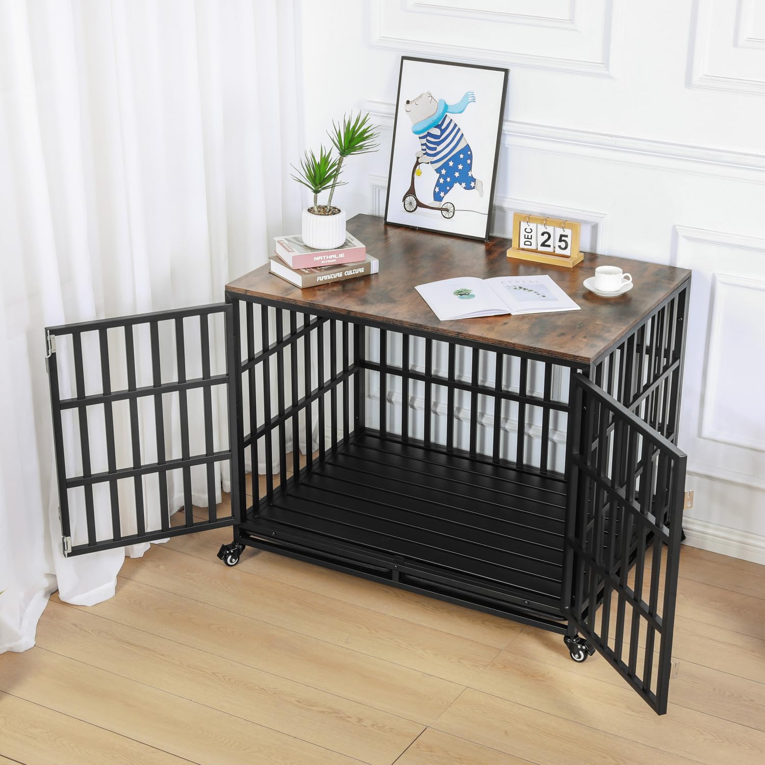 42'' Heavy Duty Rustic Wooden Dog Crate Furniture - Escape Proof Kennel Cage for Medium & Large Dogs with Wheels & Removable Tray | Indoor Pet House, Decorative End Table | Perfect for Living Rooms, Bedrooms & Home Offices