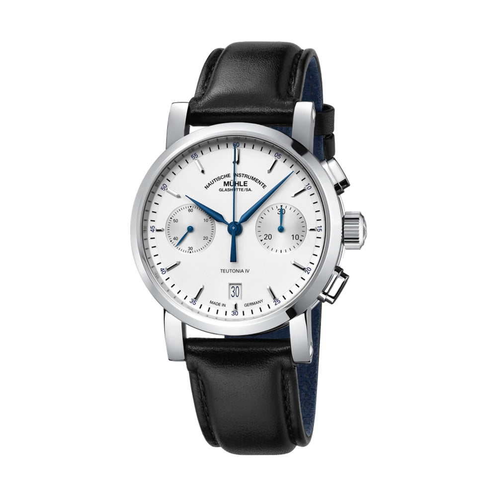 Teutonia IV Chronograph Watch - 39mm White Dial with Black Leather Strap - Perfect for Business, Casual & Formal Occasions