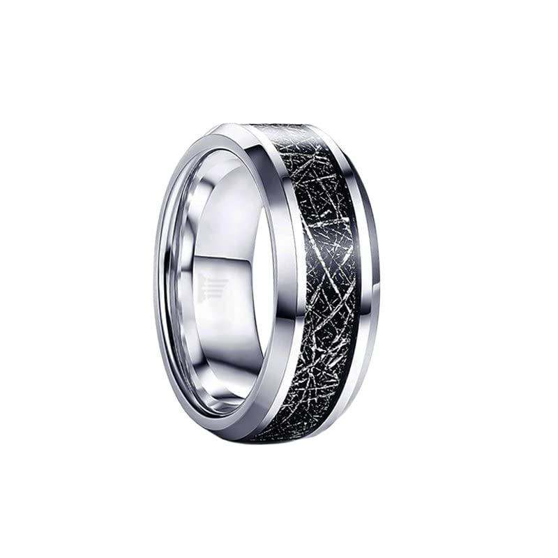 Black Tungsten Carbide Meteorite Ring for Men - 8mm Polished Silver Wedding Band with Beveled Edges & Comfort Fit - Unique Anniversary Gift for Him - Perfect for Weddings, Engagements & Special Occasions