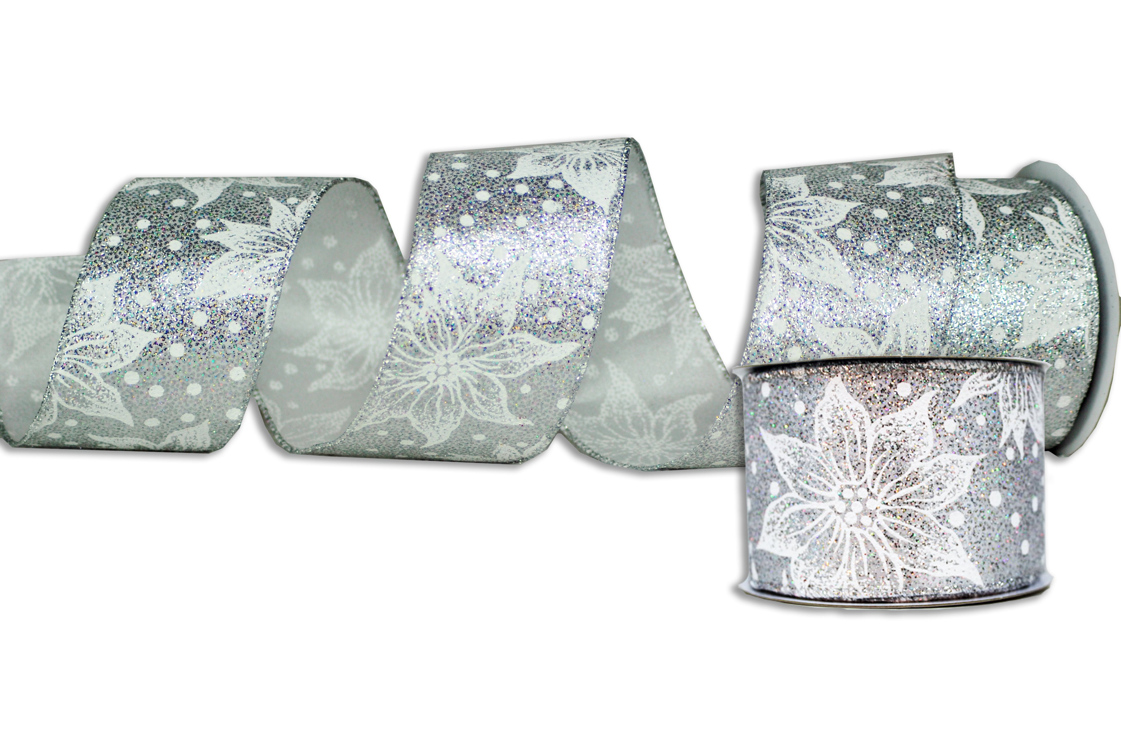 2 Pack 30 Inch Silver Christmas Ribbon with White Poinsettias & Glitter Decor - Perfect for Holiday Gift Wrapping, Tree Trimming & Festive Home Decor