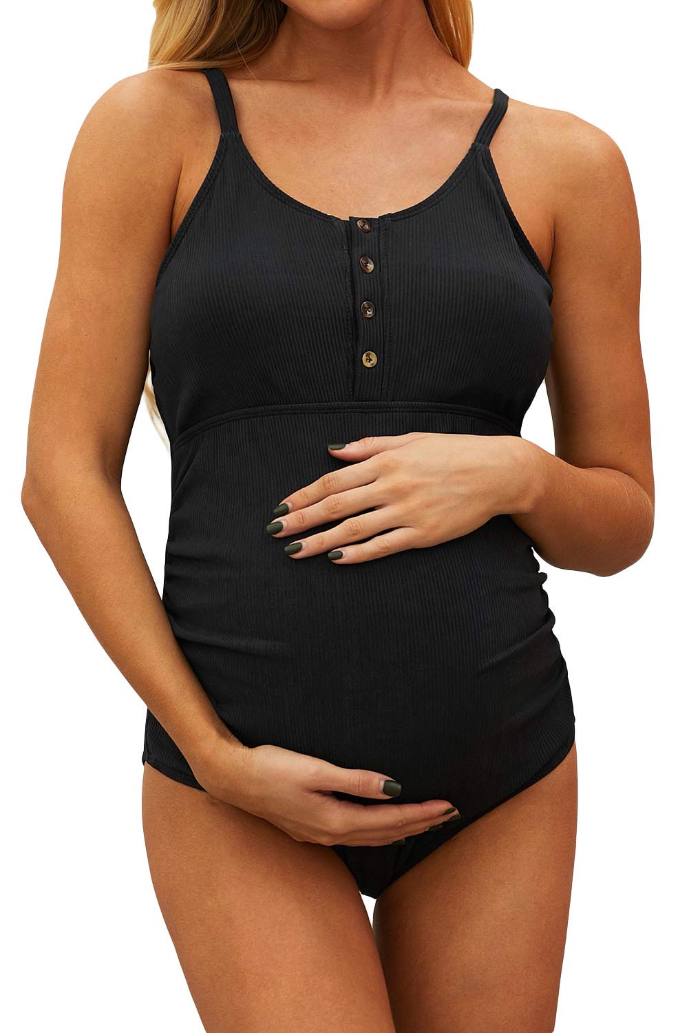 CCGKX Women's Ribbed Snap Front One-Piece Maternity Swimsuit - Comfortable Nursing & Pregnancy Swimwear for Beach, Pool & Water Activities