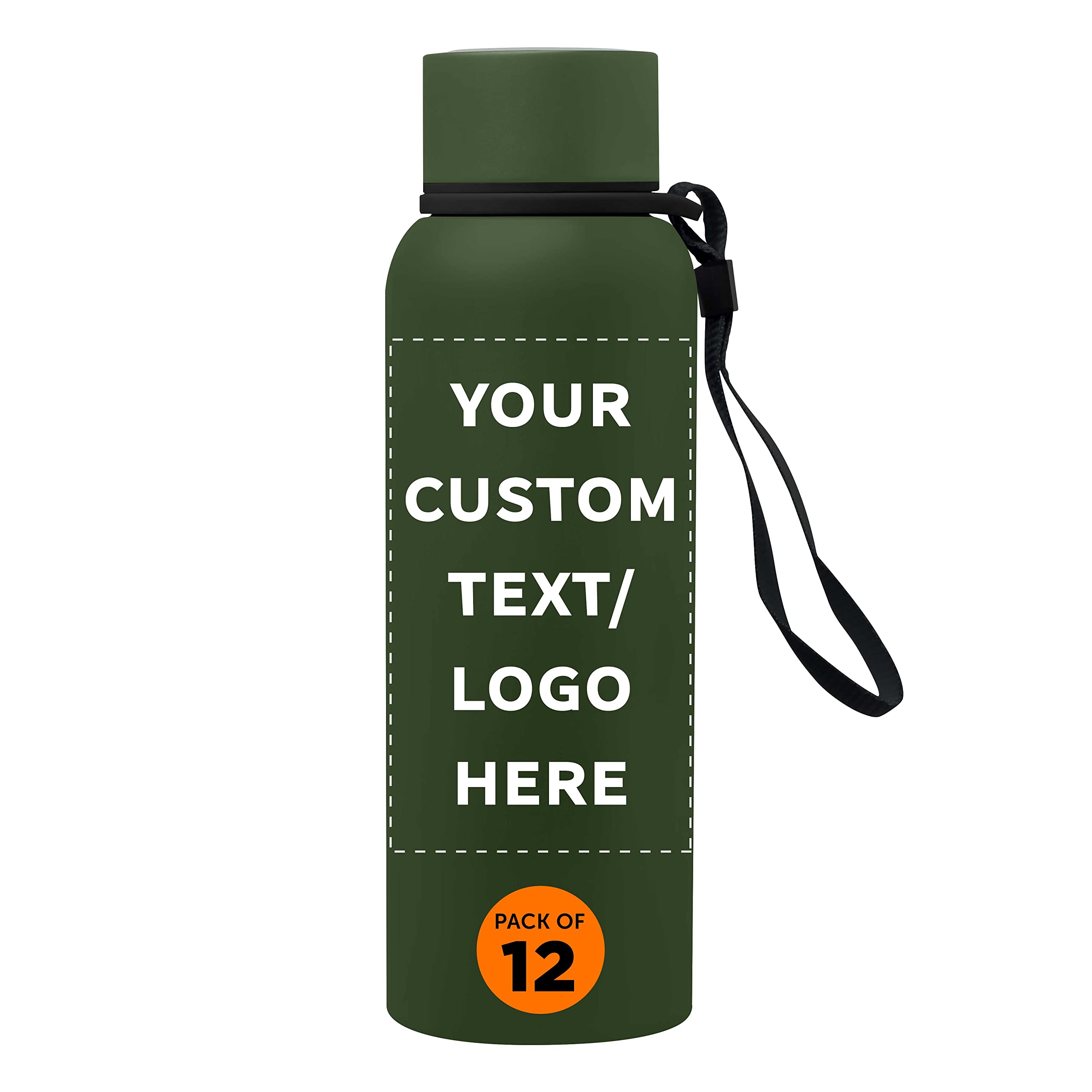 12 Pack Customizable Stainless Steel Water Bottles with Strap - 17 oz Double Wall Insulated, Plastic Lid - Army Green - Perfect for Gym, Hiking & Outdoor Activities